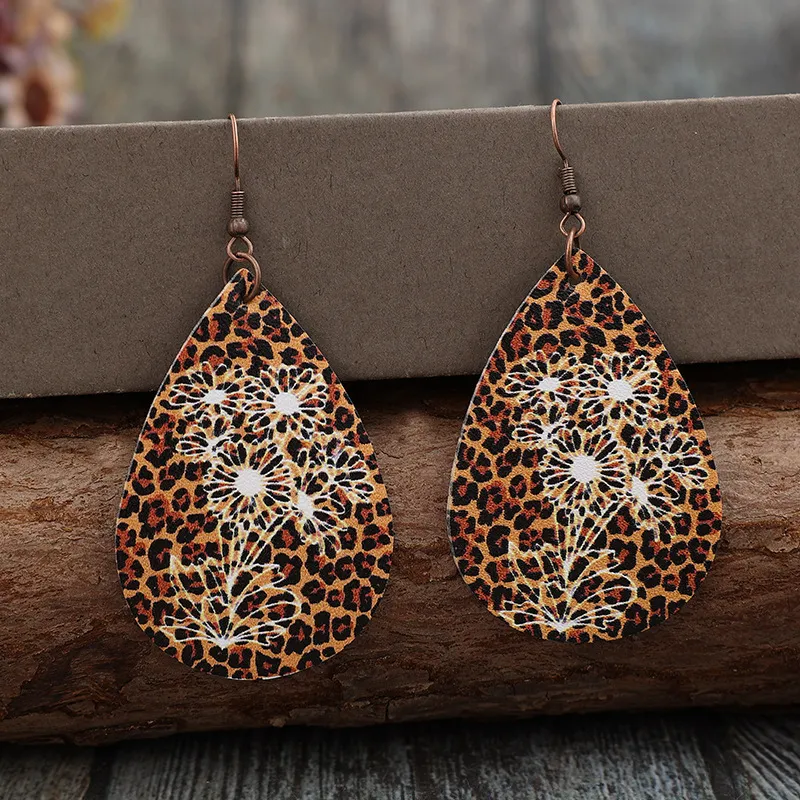 Leopard PU Leather Teardrop Shape Earrings, image 2