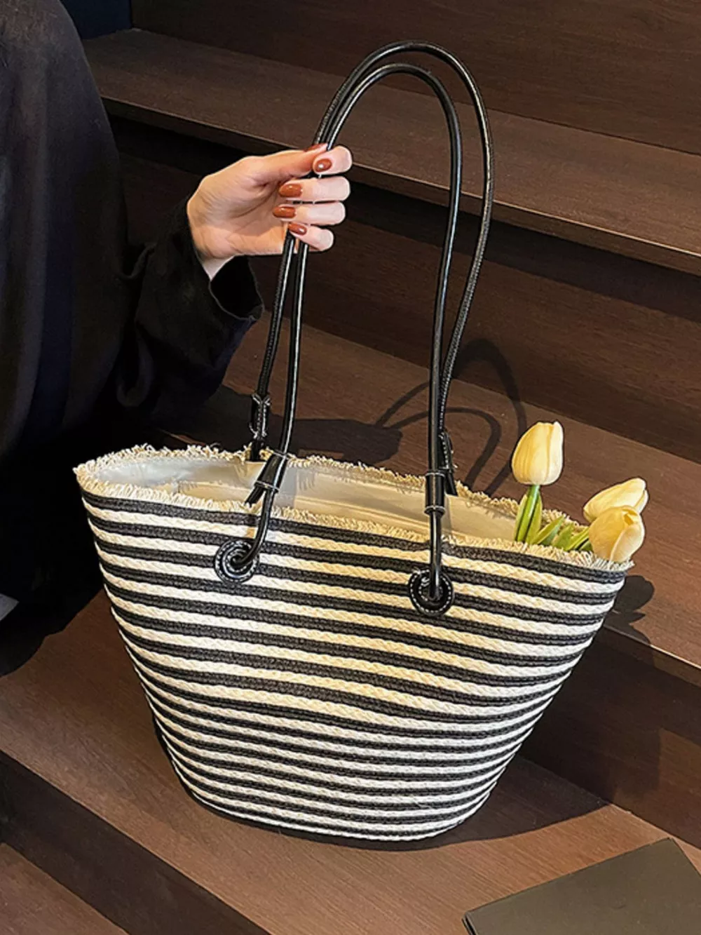 Striped Woven Straw Shoulder Bag, image 3