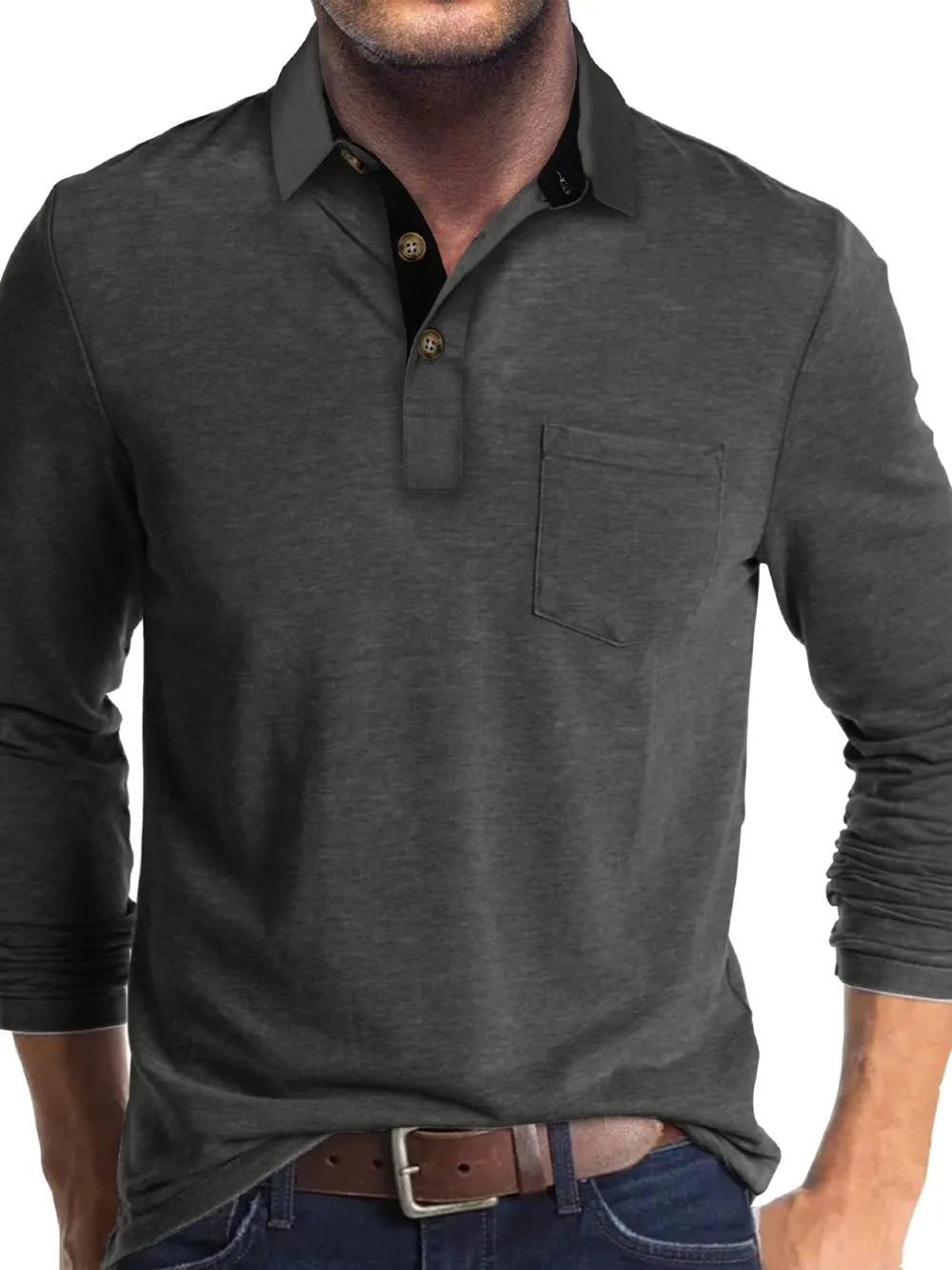 Men's Full Size Long Sleeve Pocket Polo Shirt Plus Size, image 9