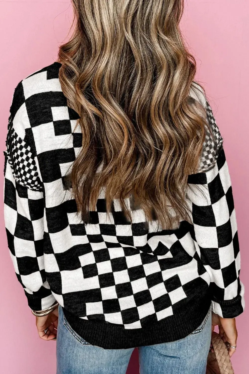Checkered Round Neck Long Sleeve Sweater, image 12