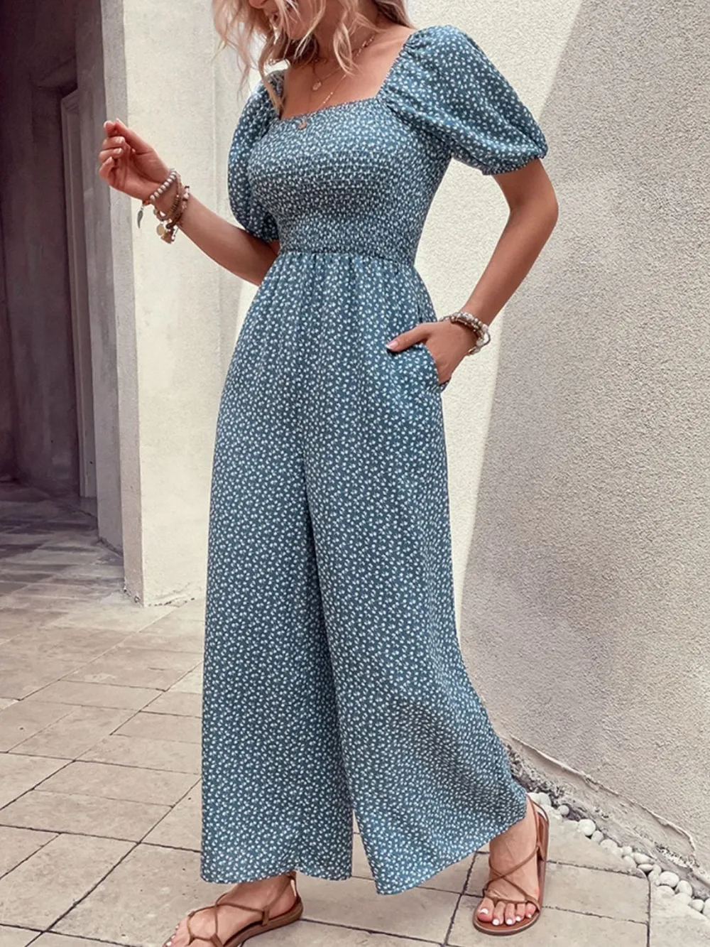 Printed Square Neck Puff Sleeve Jumpsuit, image 29