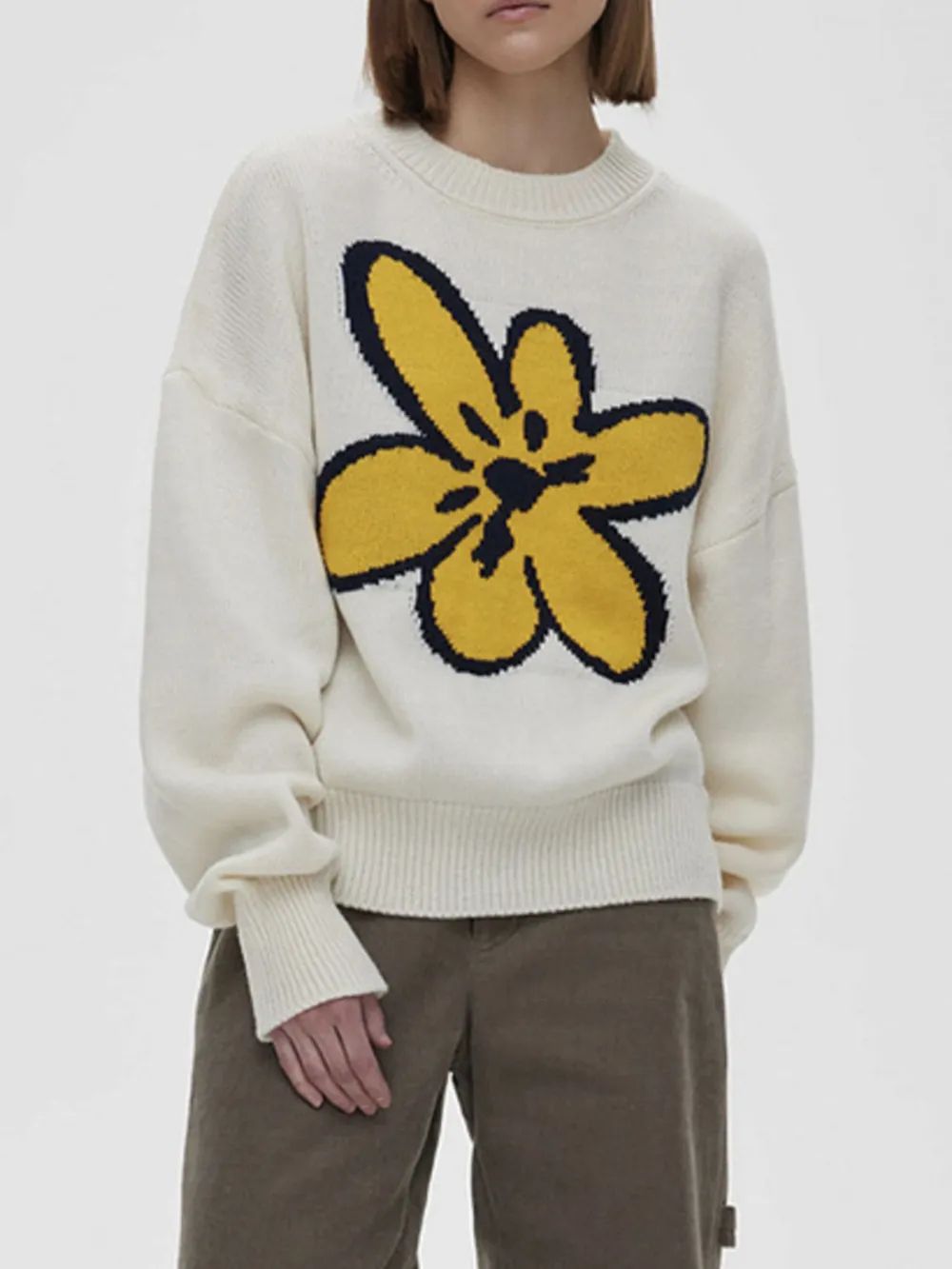 Flower Ribbed Hem Round Neck Sweater, image 7