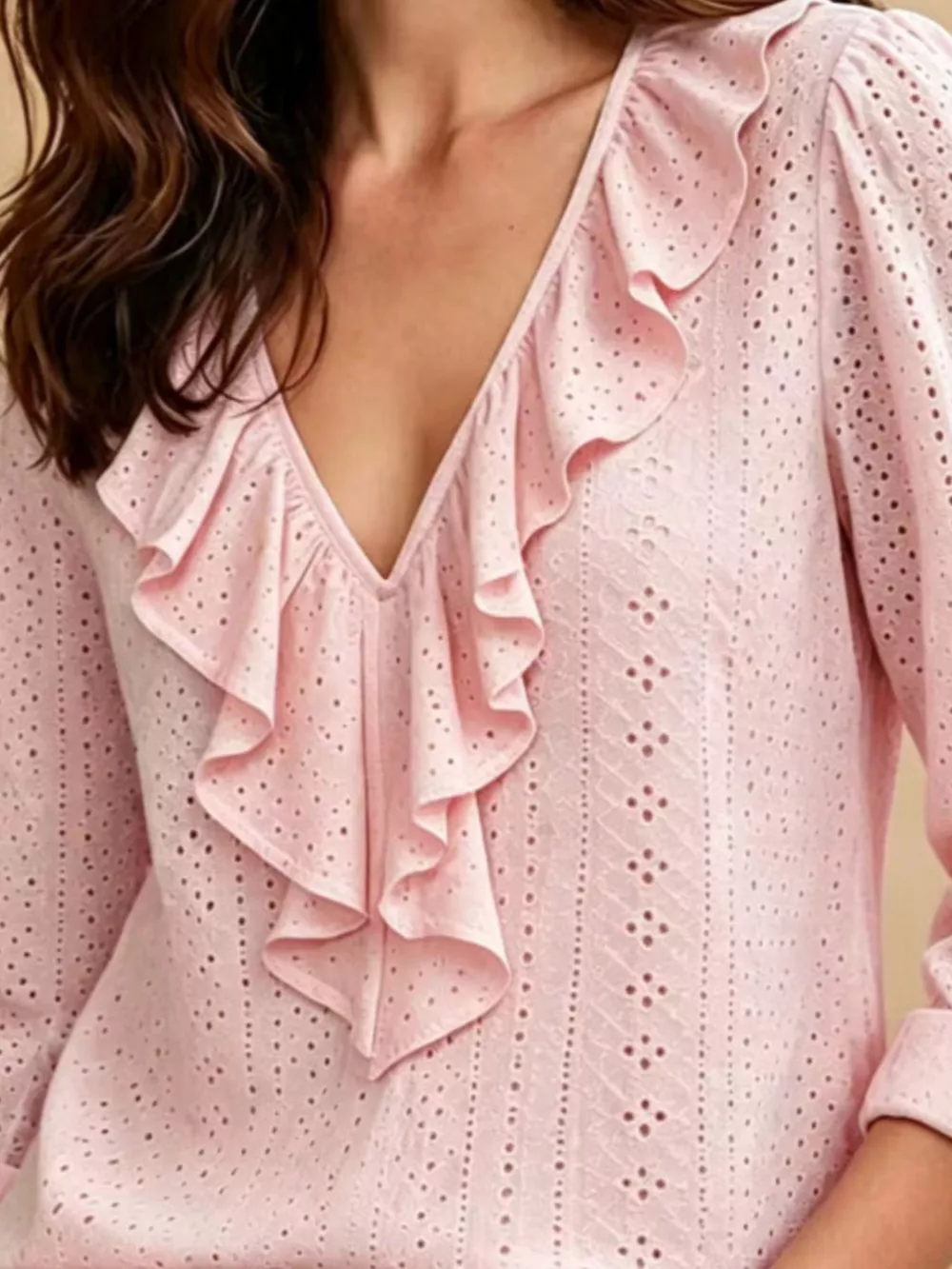 Eyelet Ruffle V-Neck Blouse, image 2