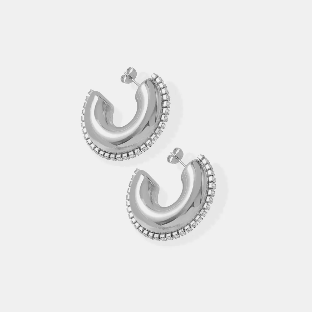 Titanium Steel Inlaid Zircon C-Hoop Earrings, image 2