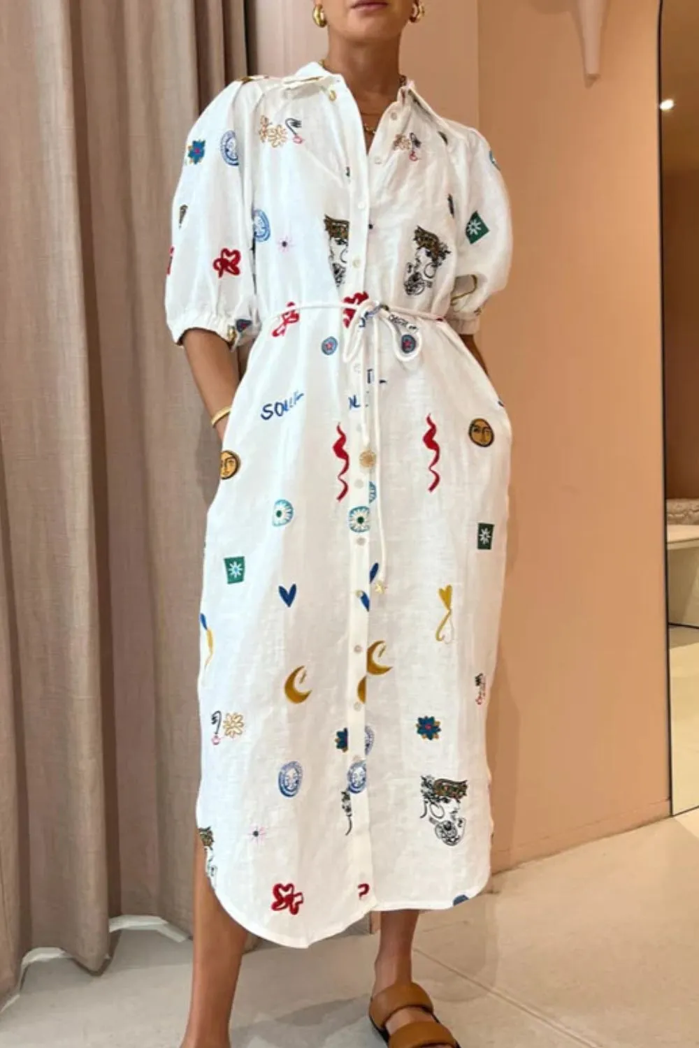 Printed Button-Up Midi Shirt Dress, image 5