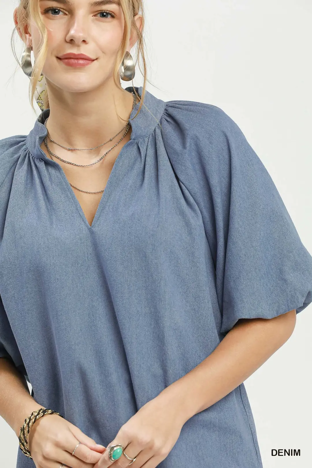 Chambray Scallop Hem Puff Sleeve Top, image 4