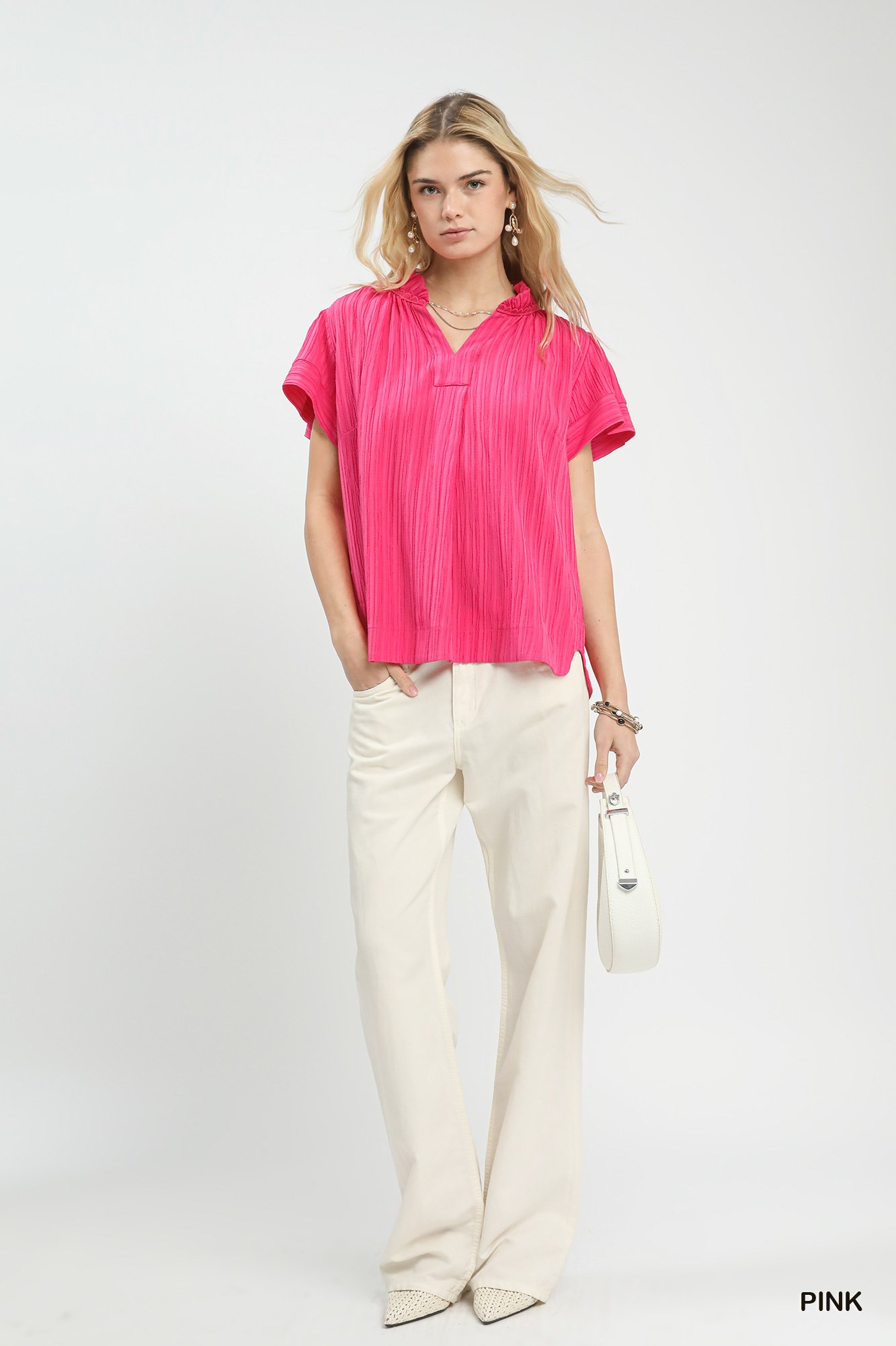 Texture Flutter Sleeve Notched Blouse, image 5