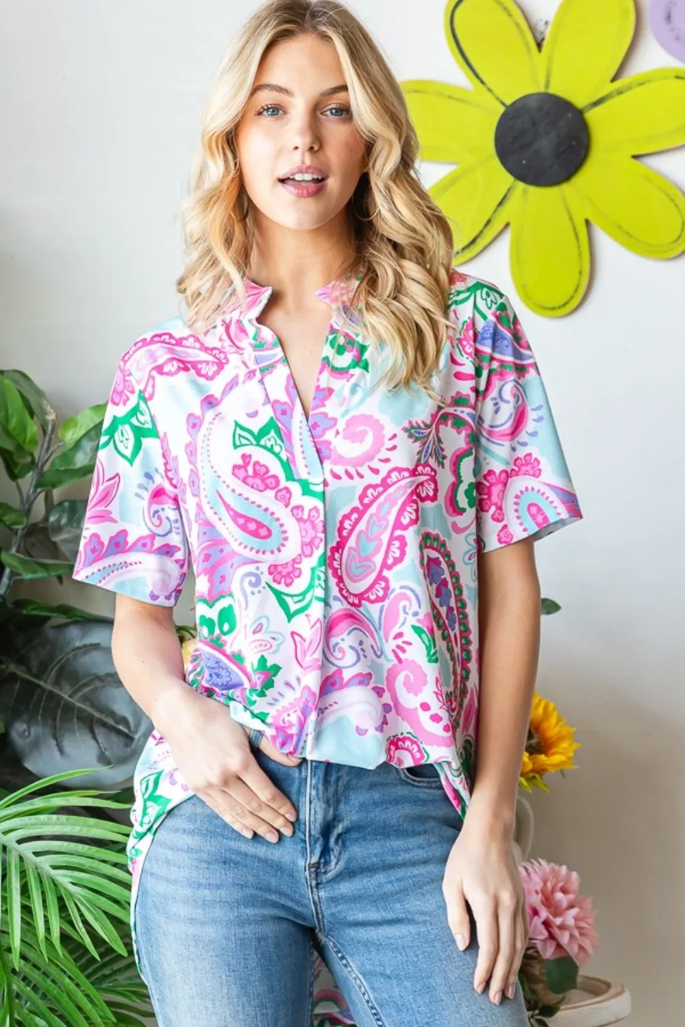 Full Size Paisley Print Short Sleeve Top, image 5