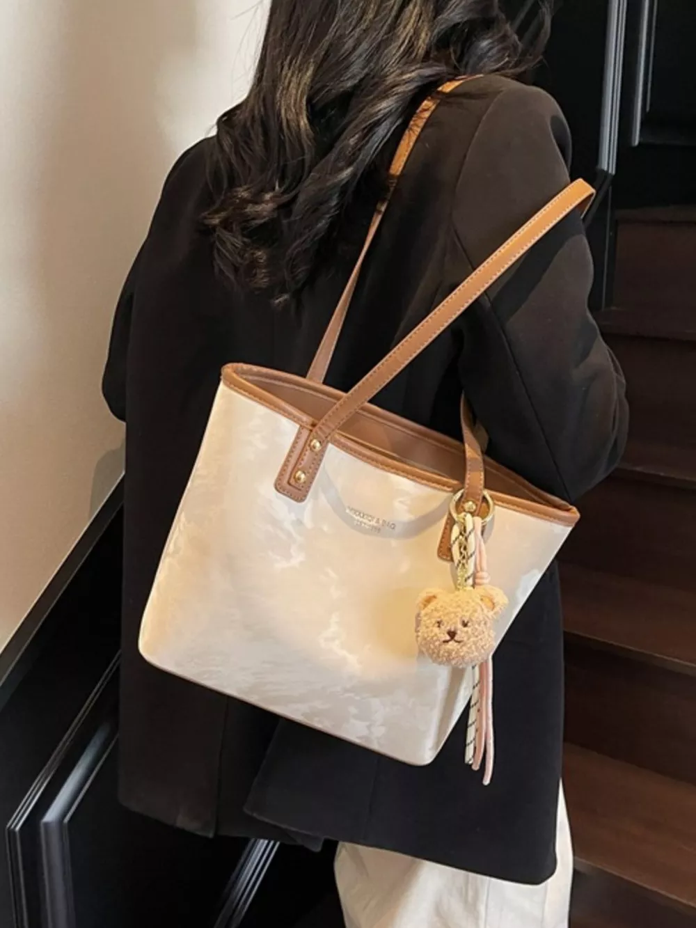 Tote Shoulder Bag with Bear Charm, image 3