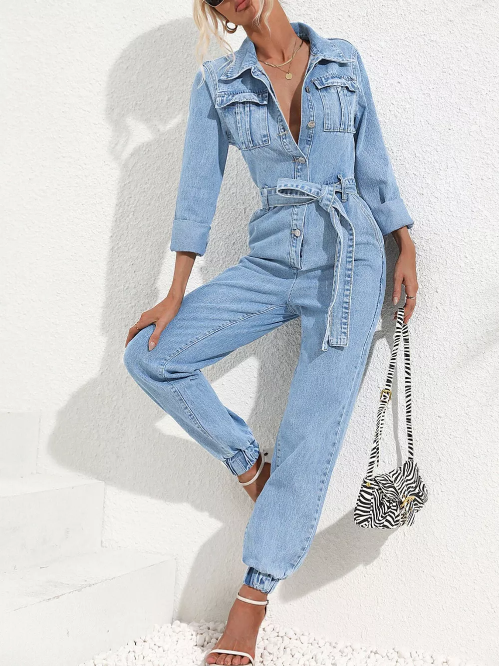 Button Front Belt Denim Jumpsuit, image 5