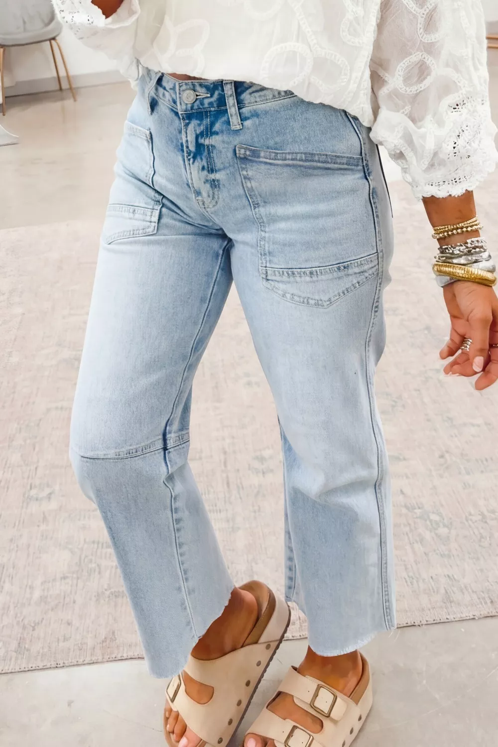 Light Wash Utility Pocket Straight Leg Jeans, image 2