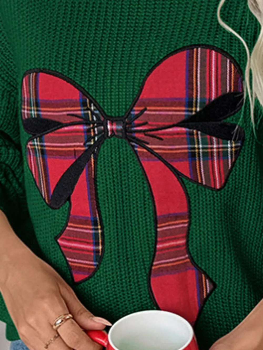 Plaid Bow Round Neck Christmas Sweater, image 2