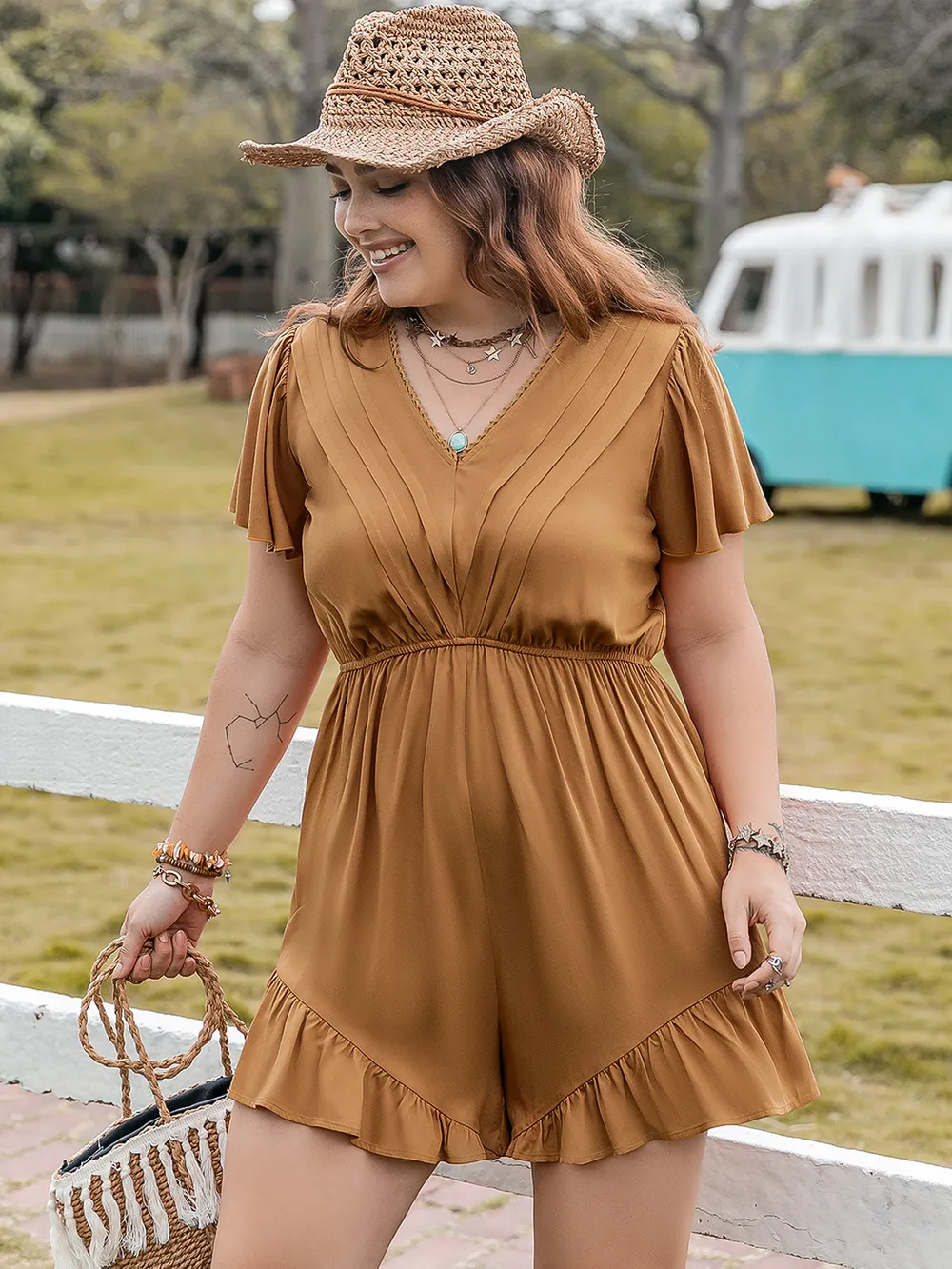 Plus Size Ruffled V-Neck Short Sleeve Romper, image 4