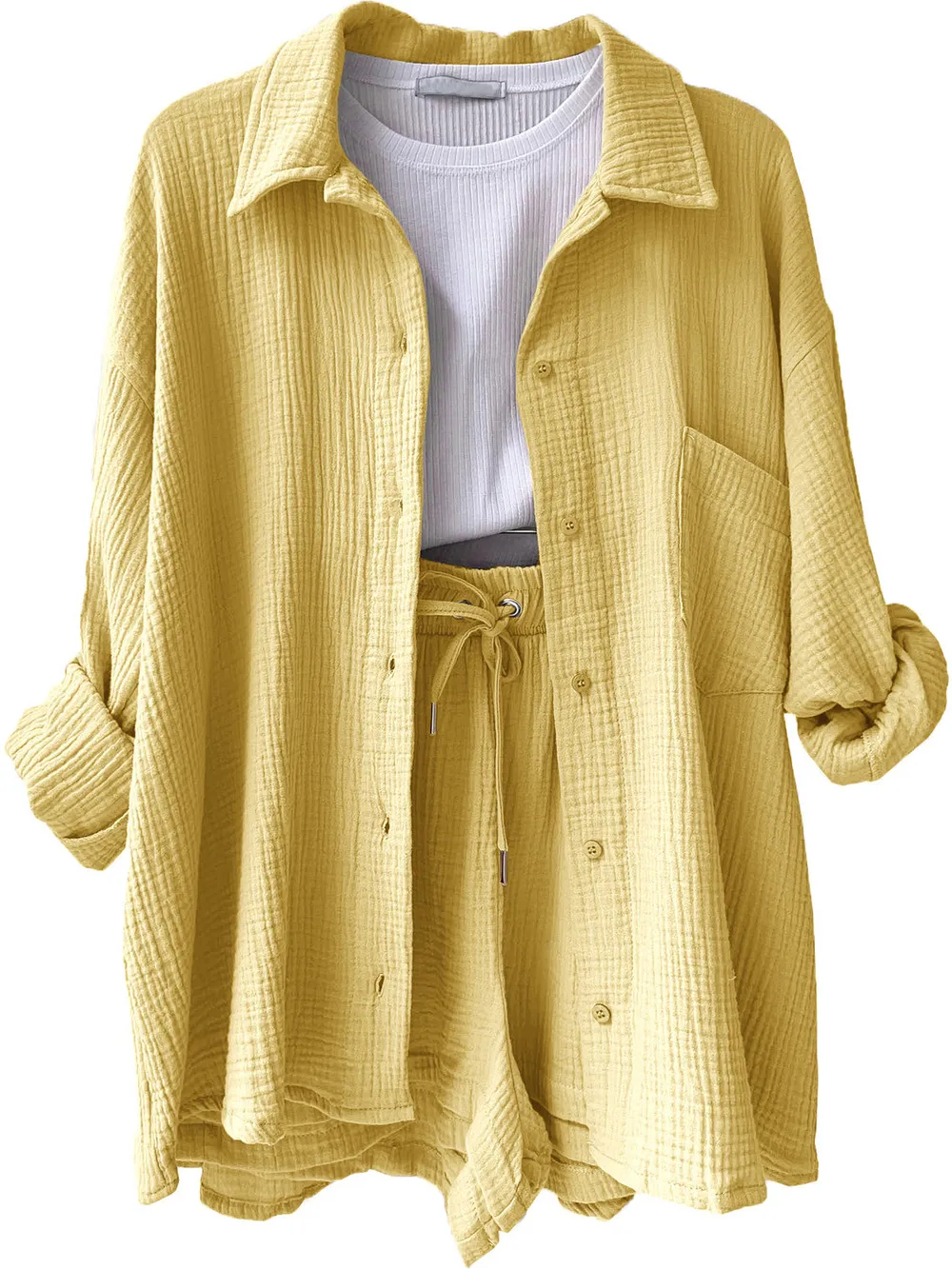 Texture Button Up Shirt and Drawstring Shorts Set, image 21