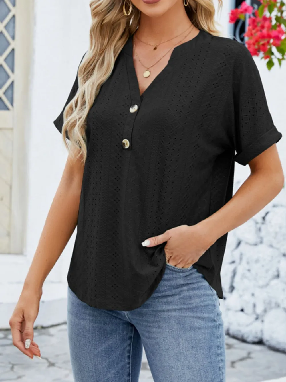 Eyelet Notched Short Sleeve Blouse, image 14