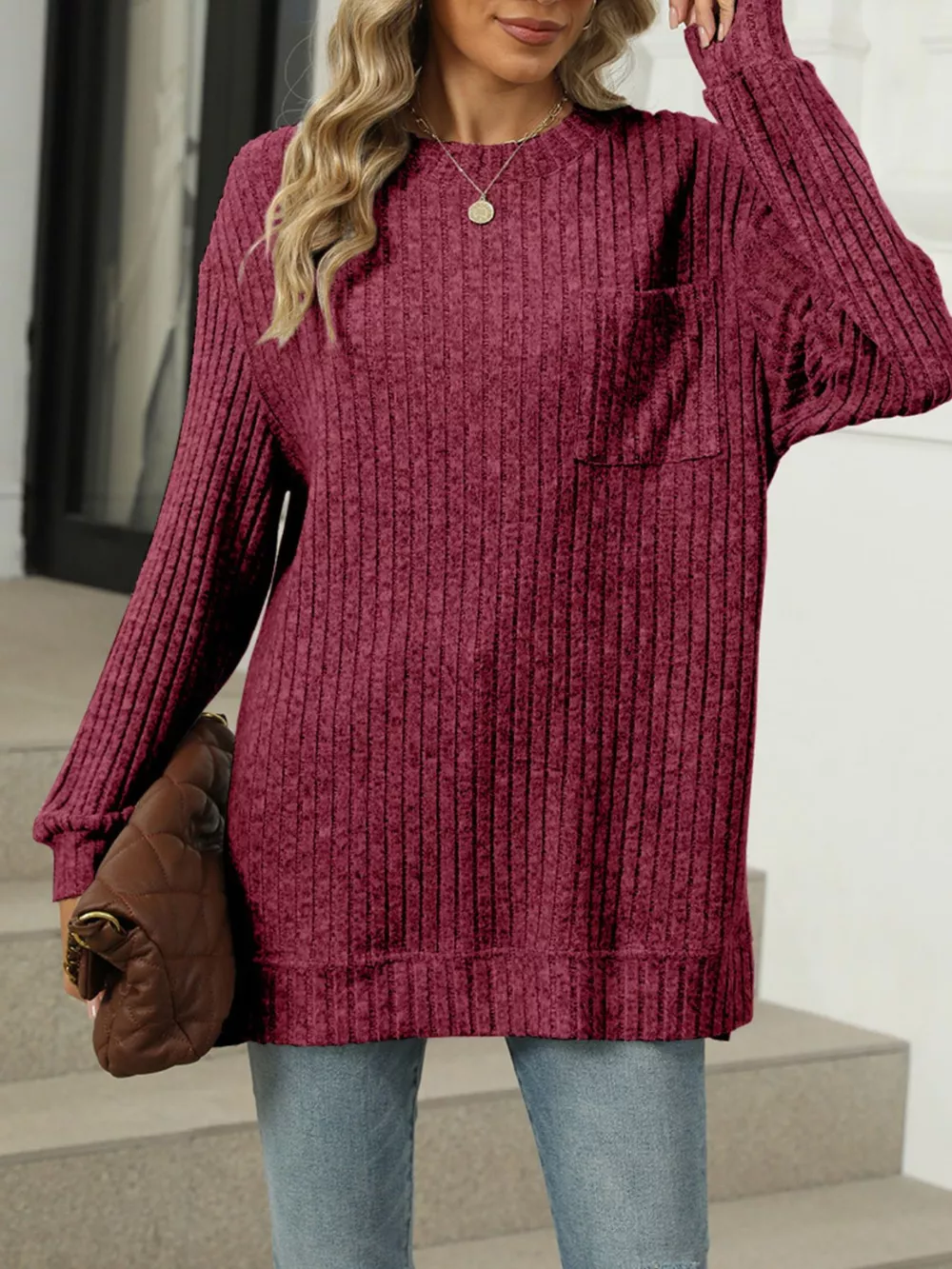 Ribbed Knit Round Neck Sweater, image 20