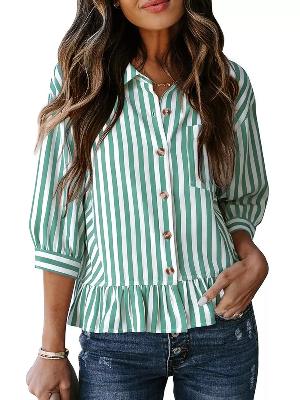 Striped Ruffle Hem Button-Down Shirt, image 14