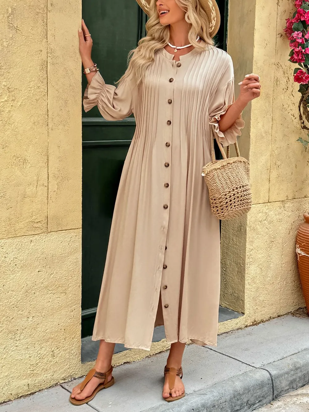 Button Front Flounce Sleeve Dress, image 5
