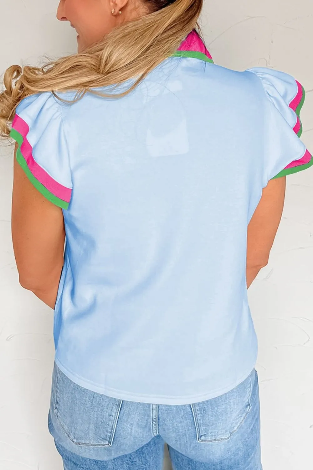 Contrast Ruffled Sleeve Collared V Neck Blouse, image 12