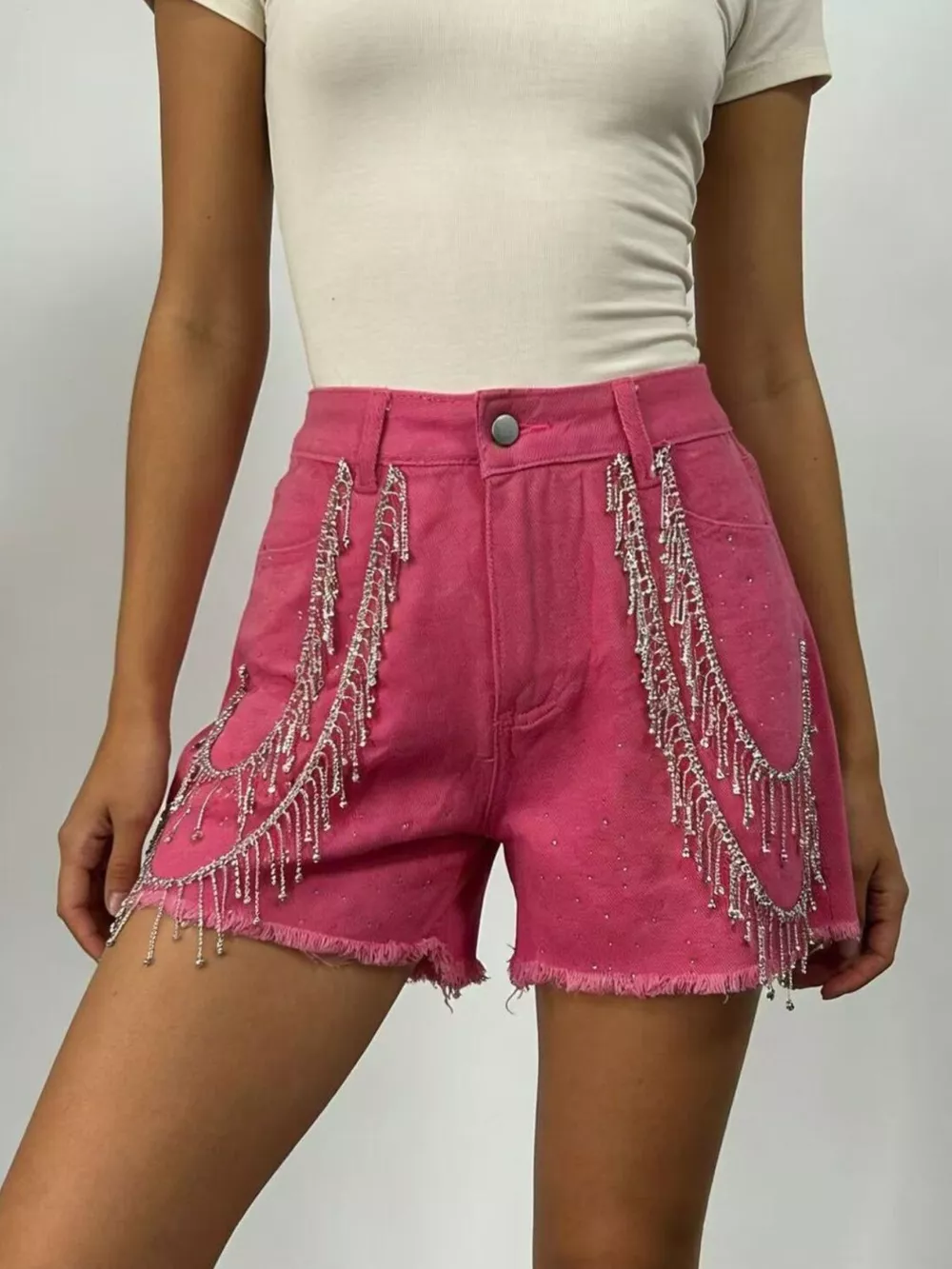 Rhinestone Chain Raw Hem Denim Shorts, image 7