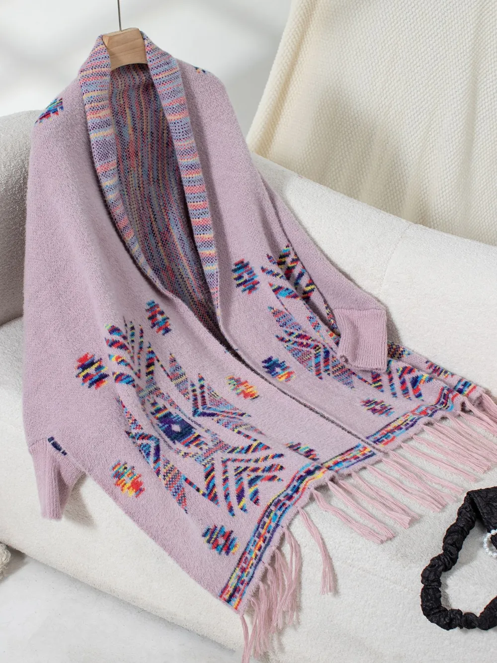 Fringe Geometric Open Front Long Sleeve Cape, image 12