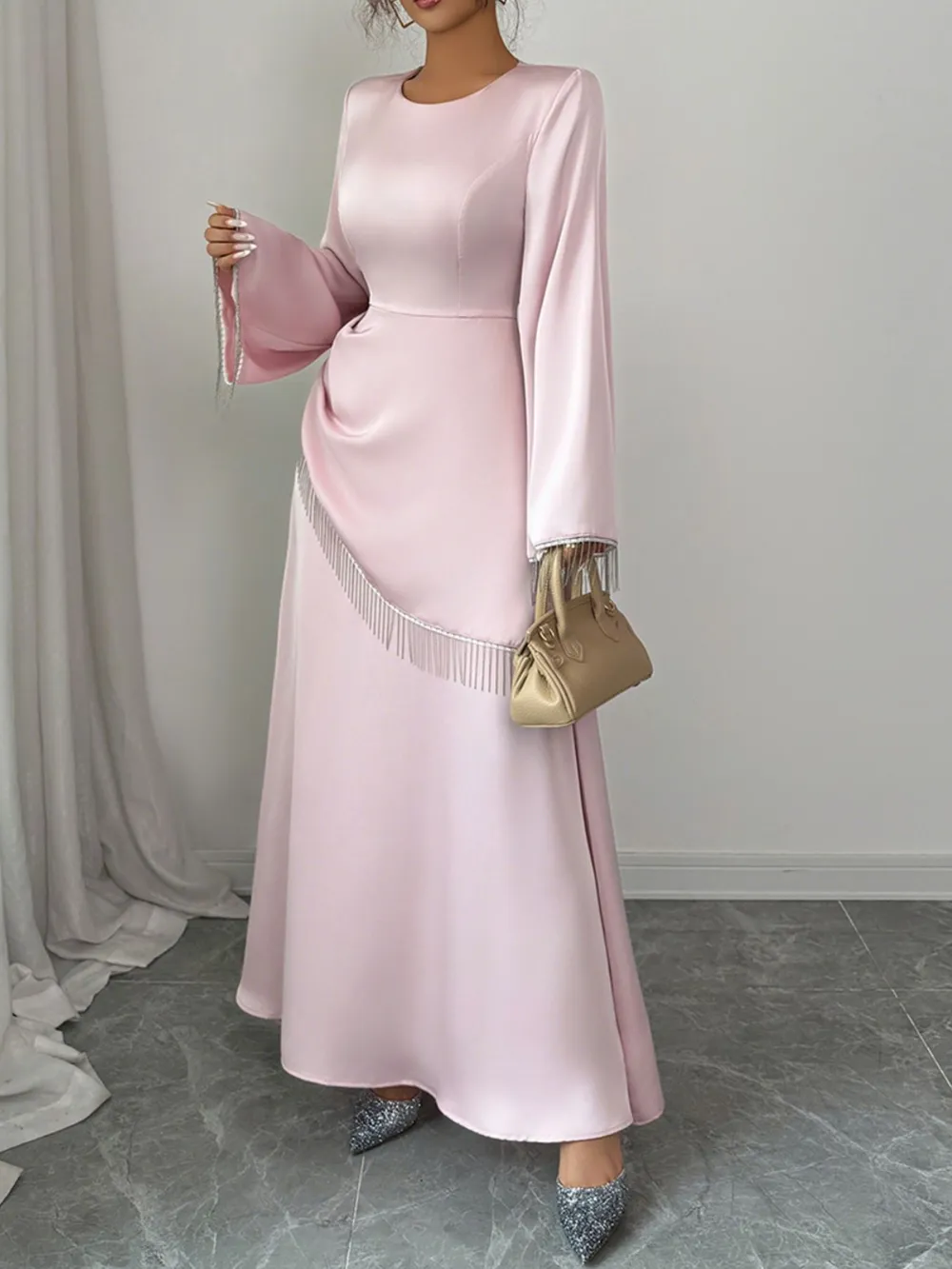 Fringe Long Sleeve Bodycon Maxi Dress, image 2