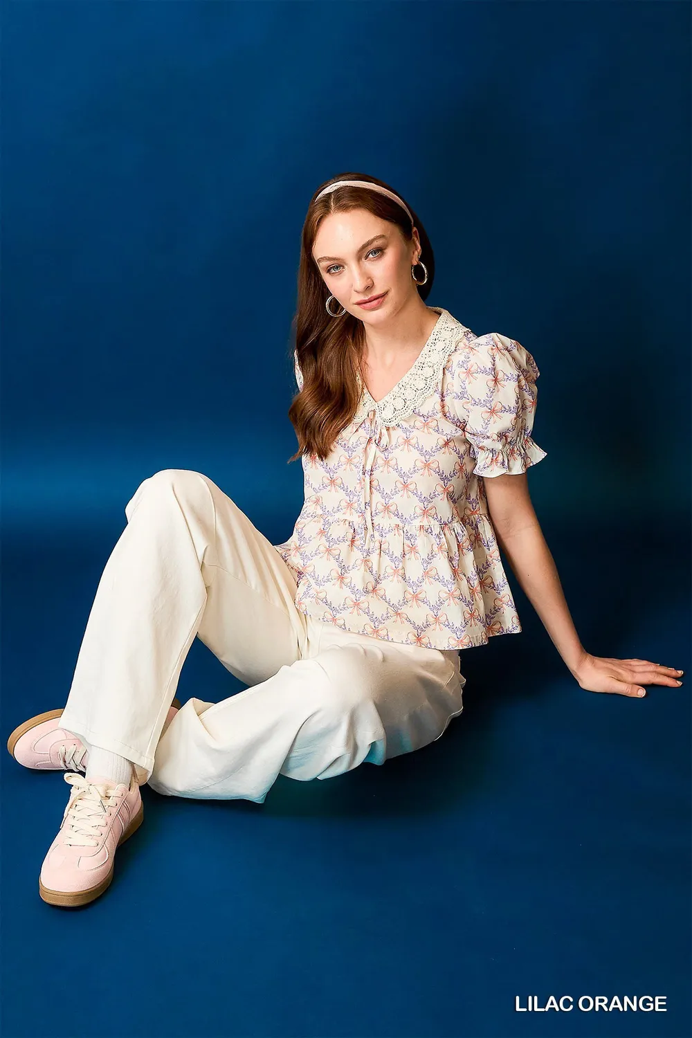 Lace Detail Bow Print Flounce Sleeve Blouse, image 4