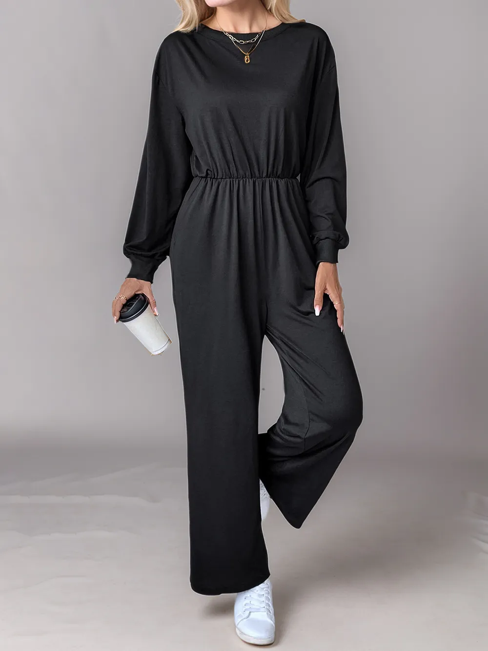 Tied Round Neck Wide Leg Jumpsuit, image 3