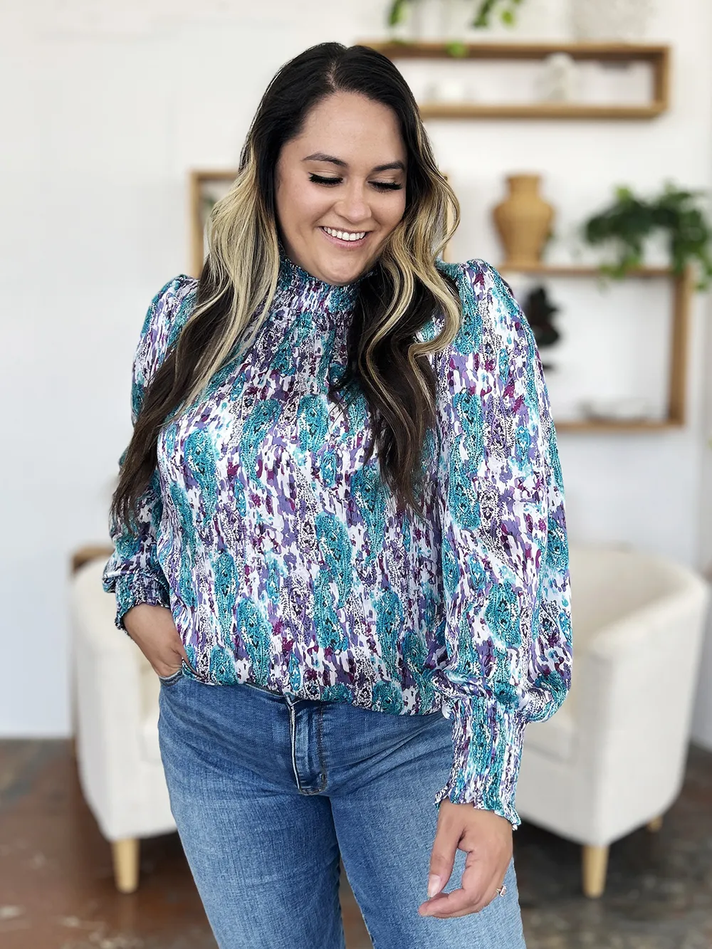 Full Size Printed Smocked Long Sleeve Blouse, image 19