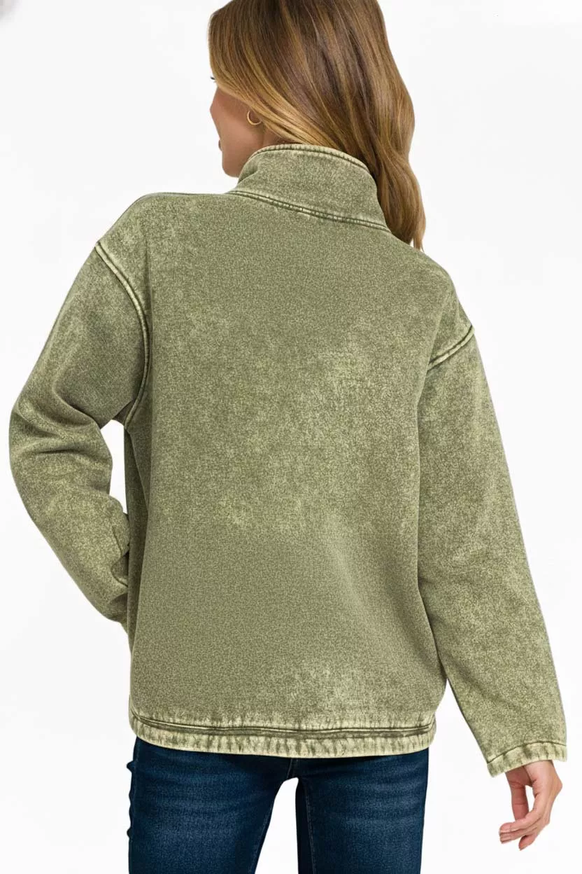 Fleece Washed High Neck Kangaroo Pocket Sweatshirt, image 2