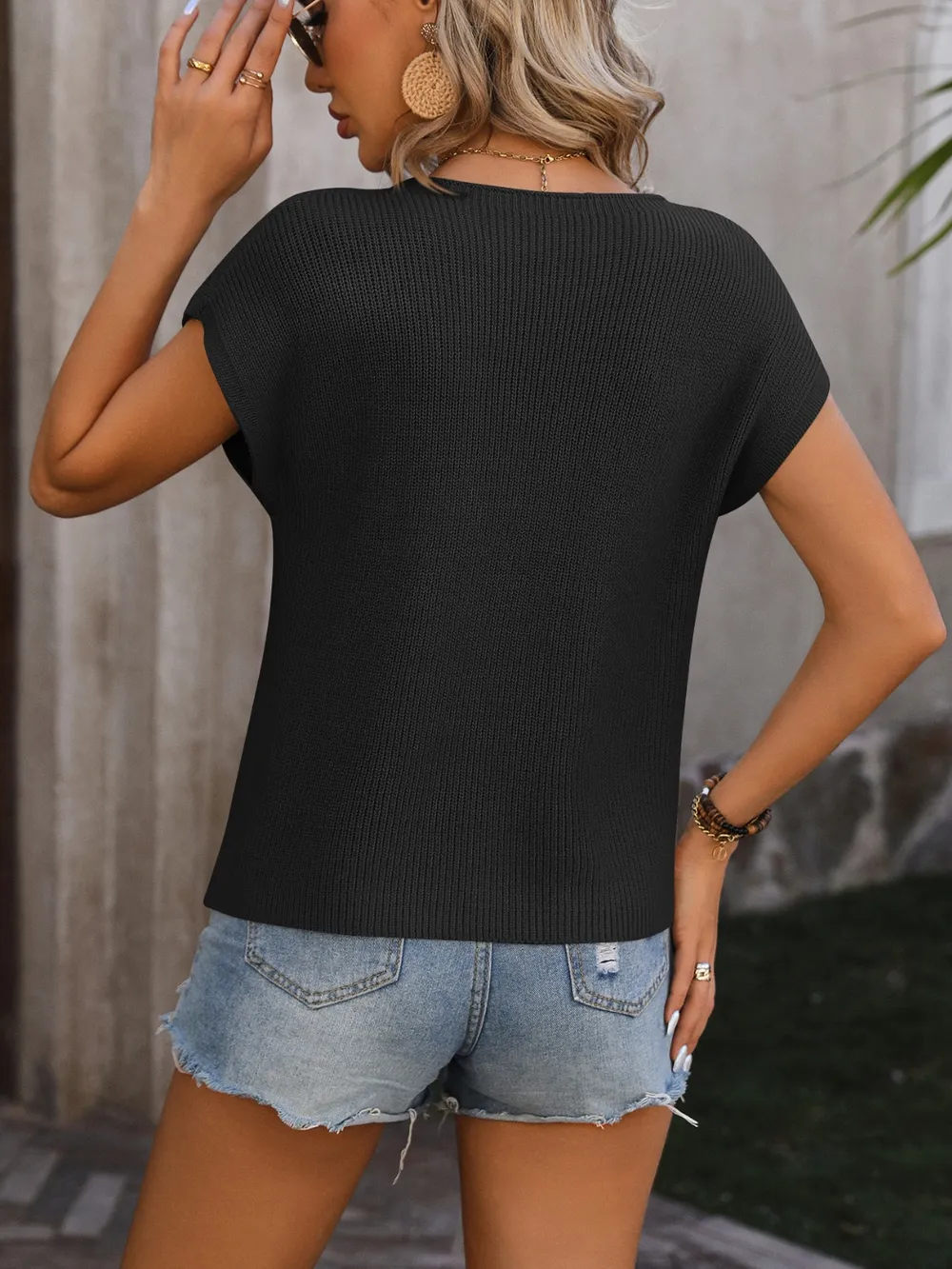 Pocketed Round Neck Cap Sleeve Sweater, image 14