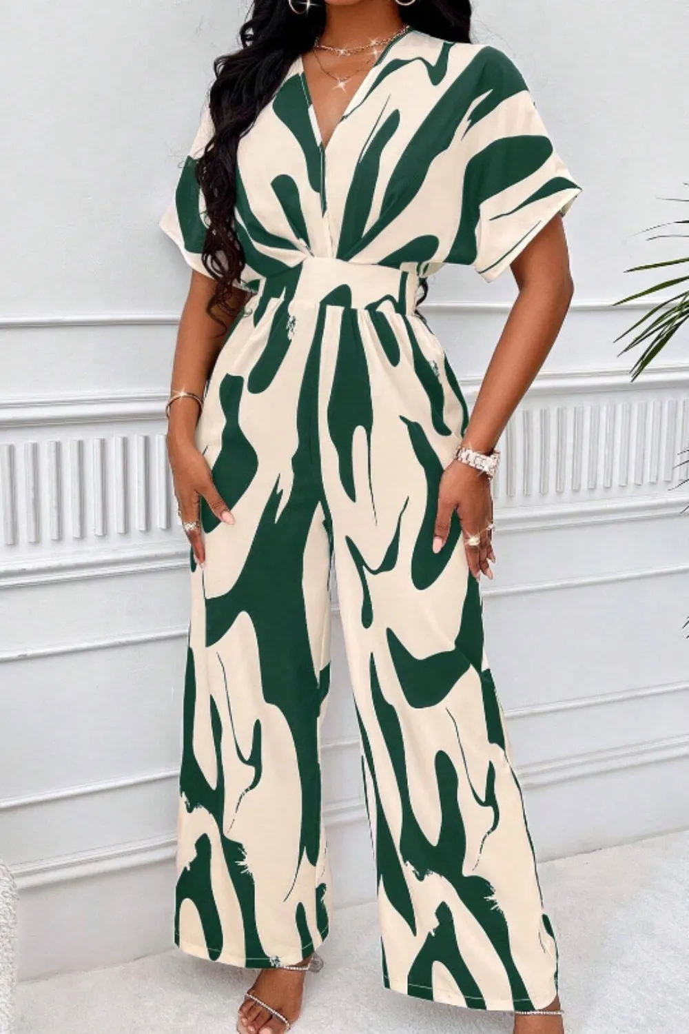 Printed V-Neck Short Sleeve Wide Leg Jumpsuit, image 10