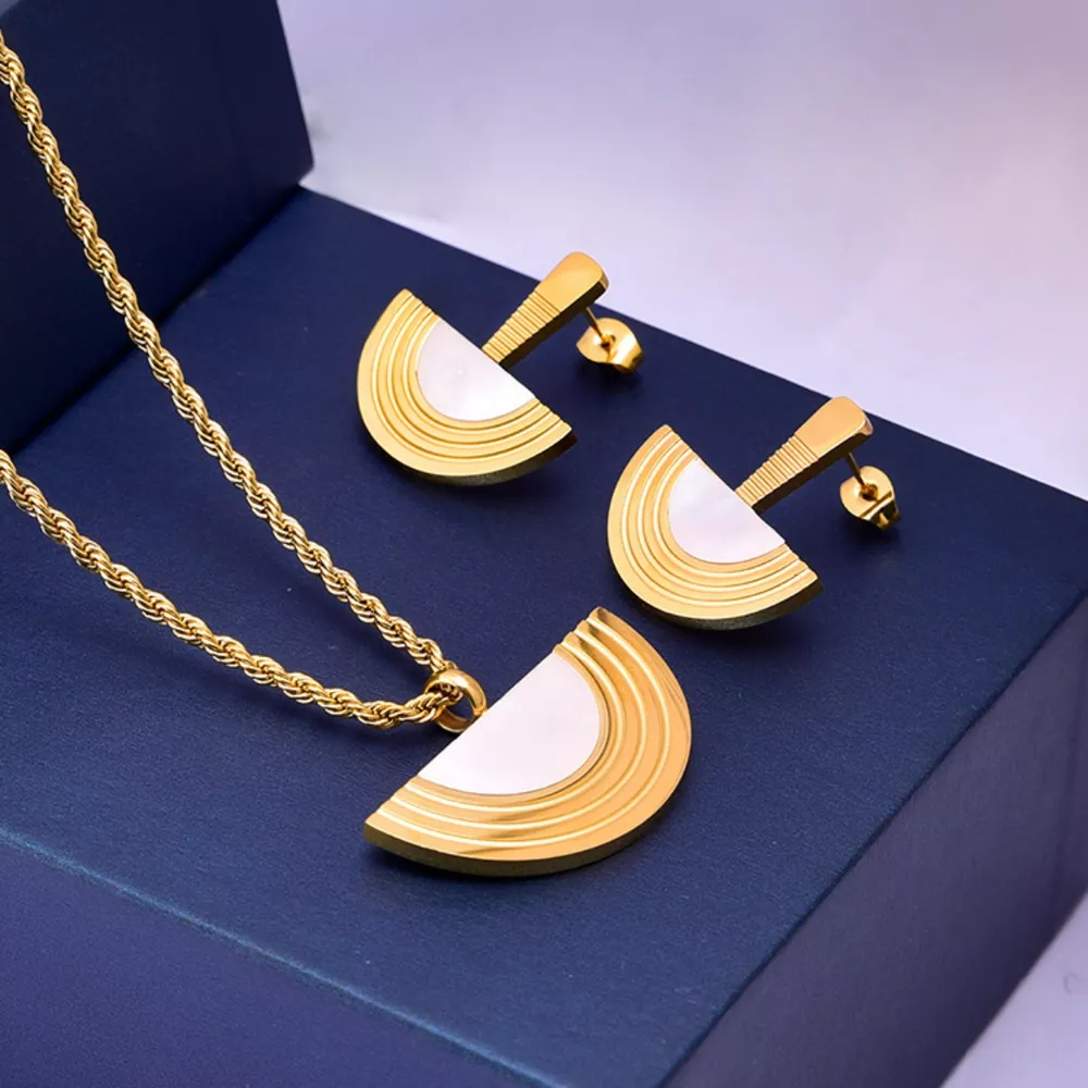 Geometric Half-Circle 18K Gold Plated Necklace Ring and Earrings Jewelry Set, image 7