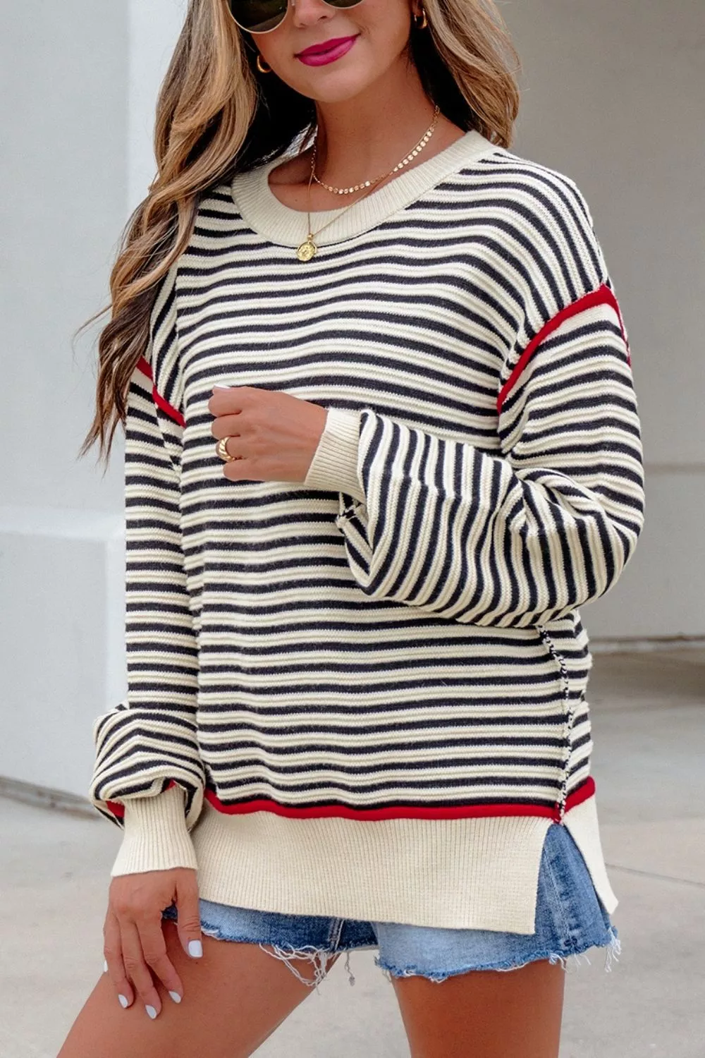 Stripe Ribbed Trim Drop Shoulder Oversized Sweater, image 5