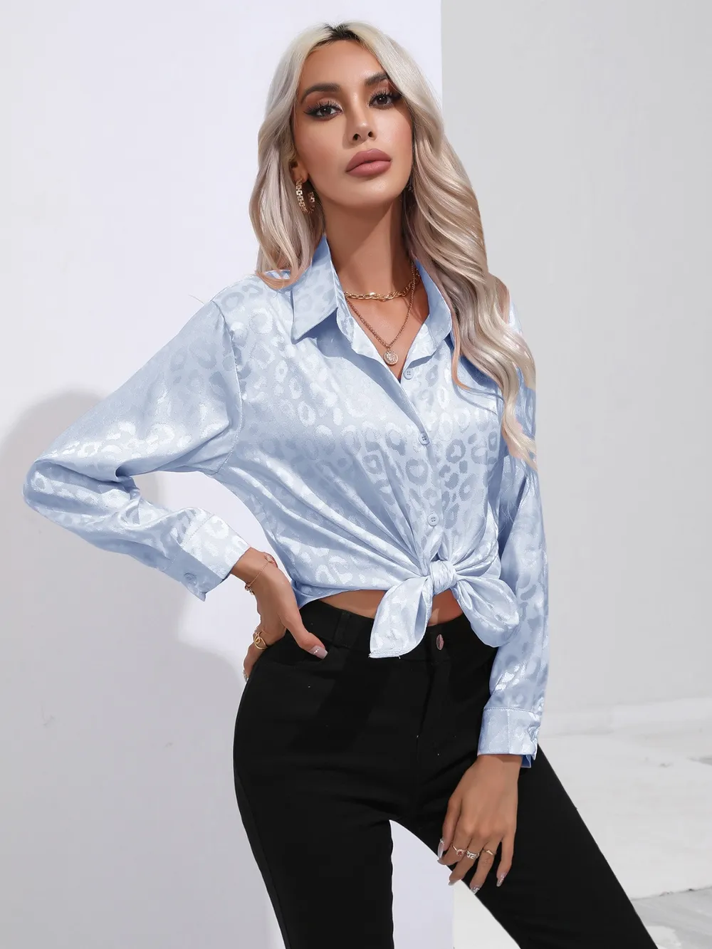 Leopard Collared Neck Long Sleeve Shirt, image 12