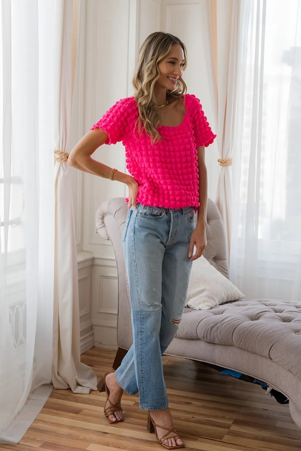 Bubble Textured Round Neck Short Sleeve T-Shirt, image 4
