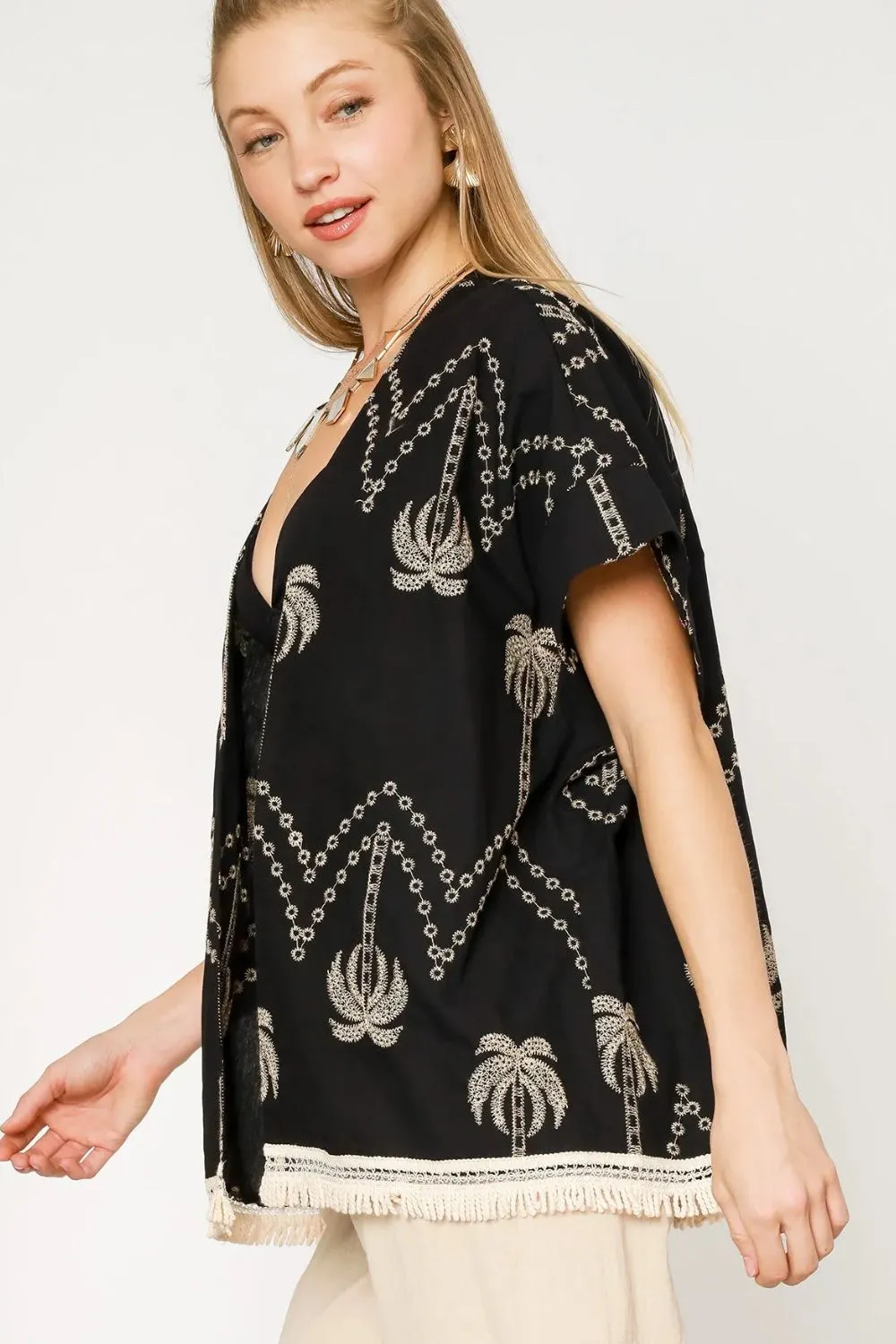 Open Front Embroidered Fringe Kimono, image 2