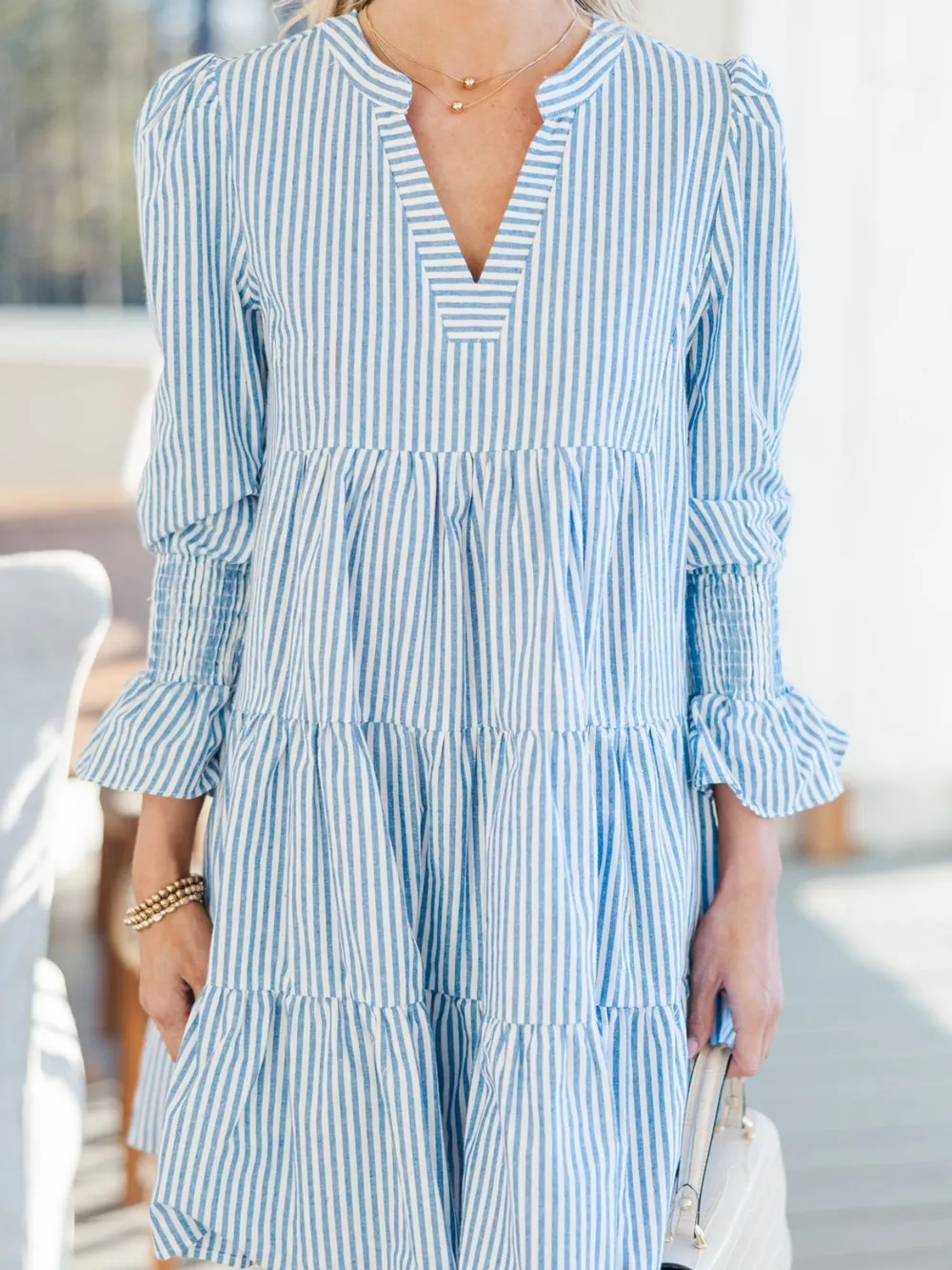 Striped Tiered Flounce Sleeve Shirt Dress, image 4