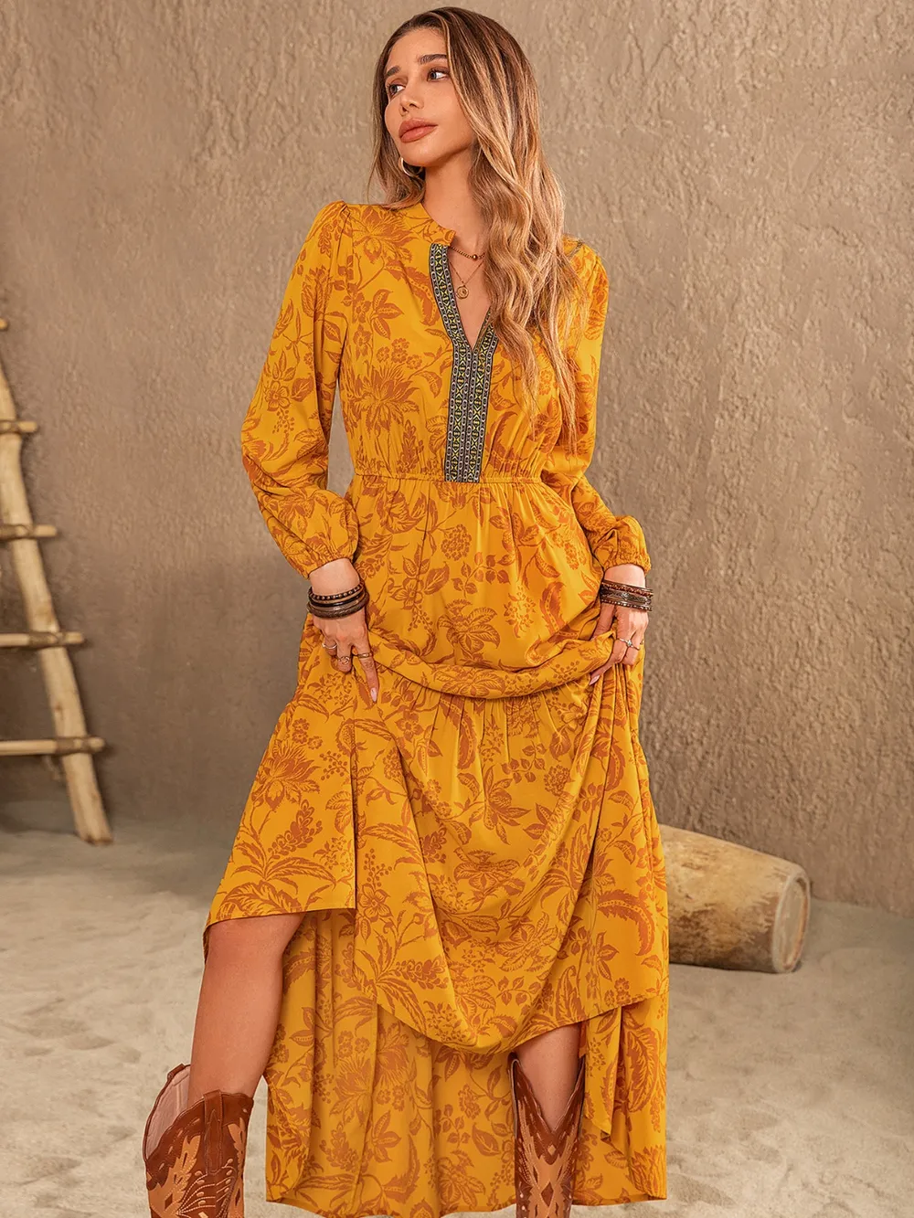 Printed Notched Balloon Sleeve Dress, image 5