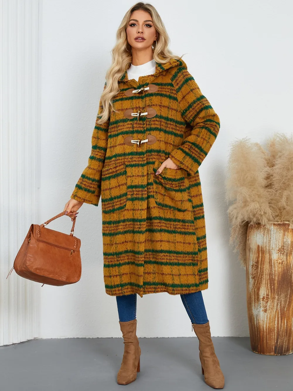 Plaid Long Sleeve Hooded Coat with Pockets, image 13