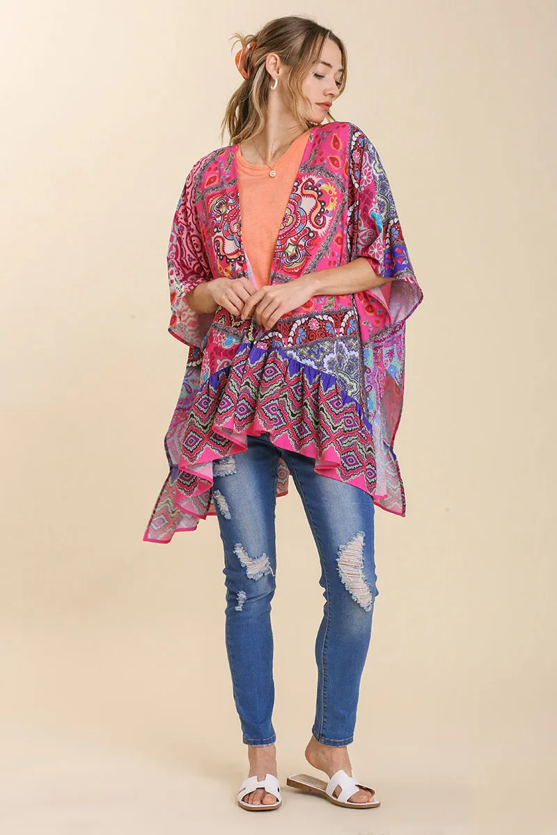 Full Size Mixed Print Ruffle Hem Open Front Cover Up Plus Size, image 2