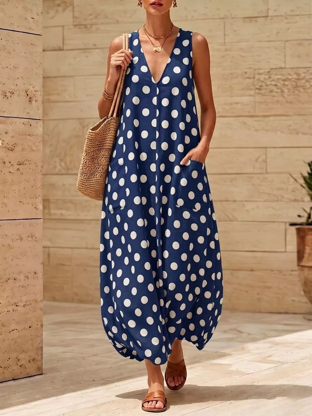 Polka Dot V-Neck Sleeveless Maxi Dress, image 7