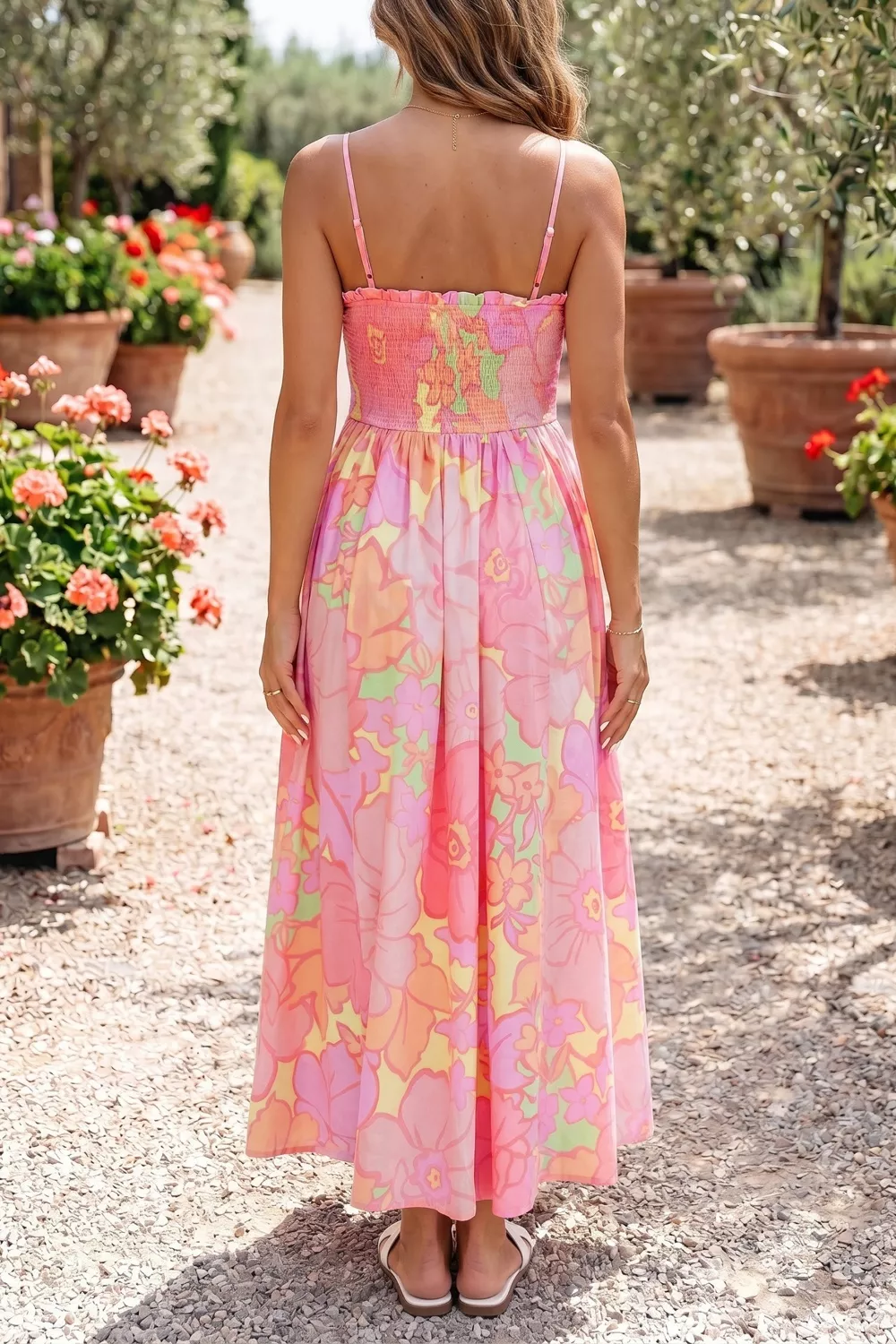 Spaghetti Straps Floral Shirred High Waist Dress, image 2