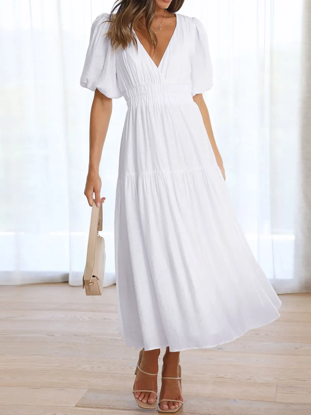 V-Neck Puff Sleeve Midi Dress, image 21