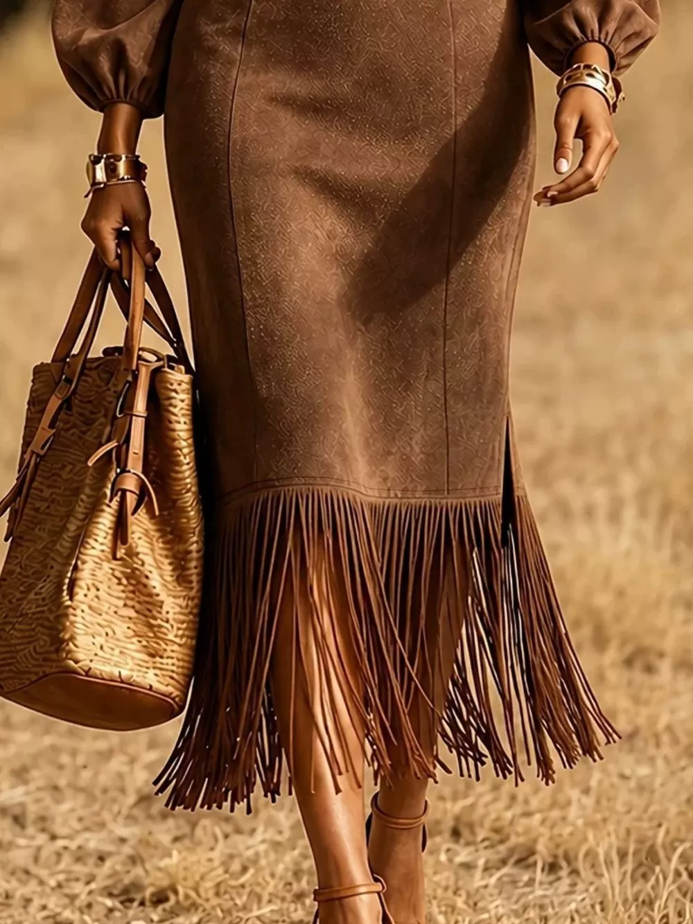 Fringe Hem Balloon Sleeve Midi Dress, image 2