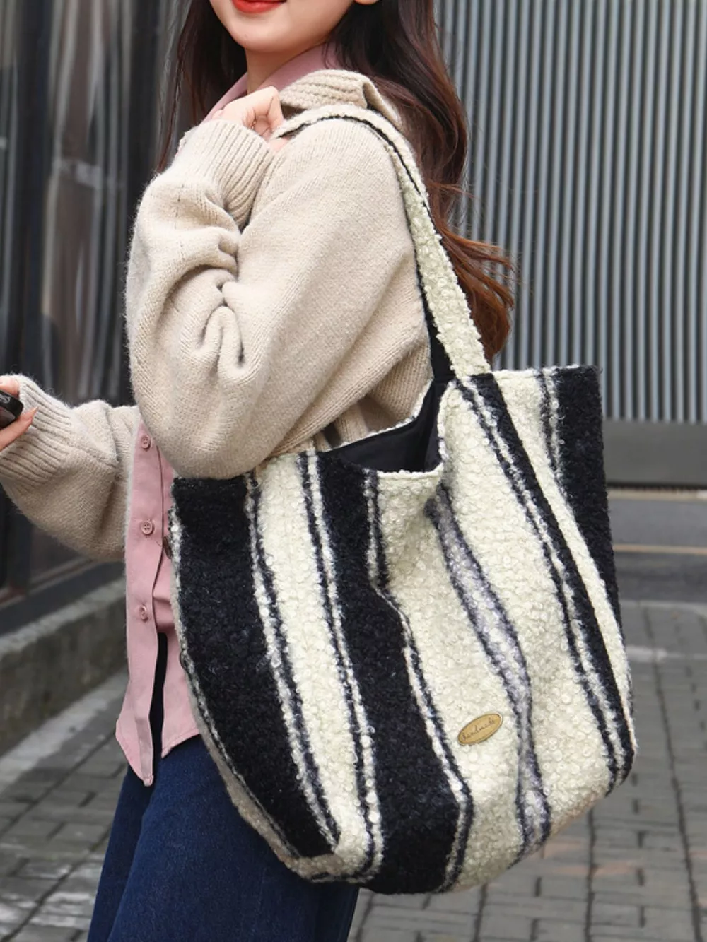 Reversible Striped Plush Tote Bag, image 4