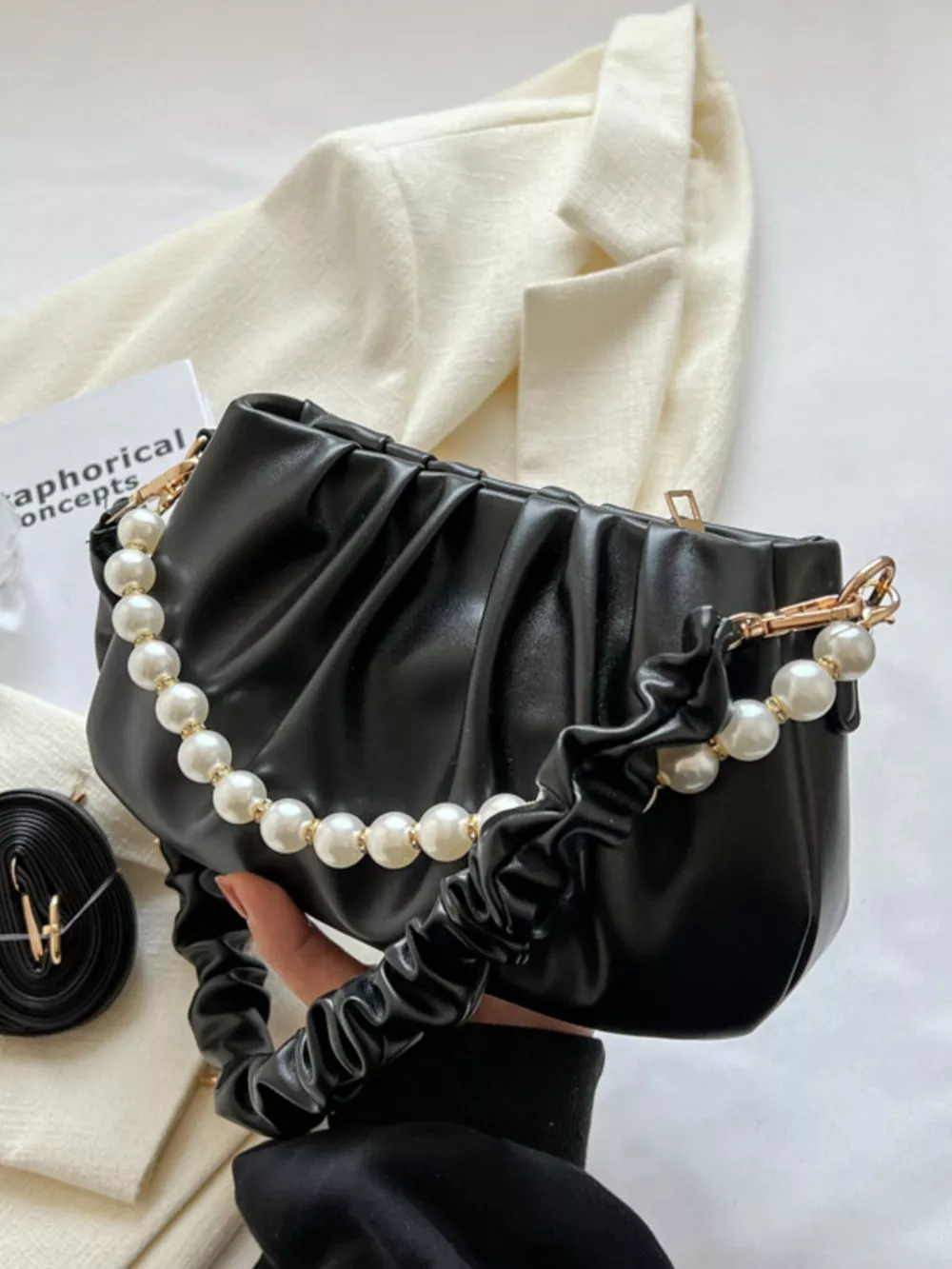 Ruched Shoulder Bag with Pearl Embellishment, image 3