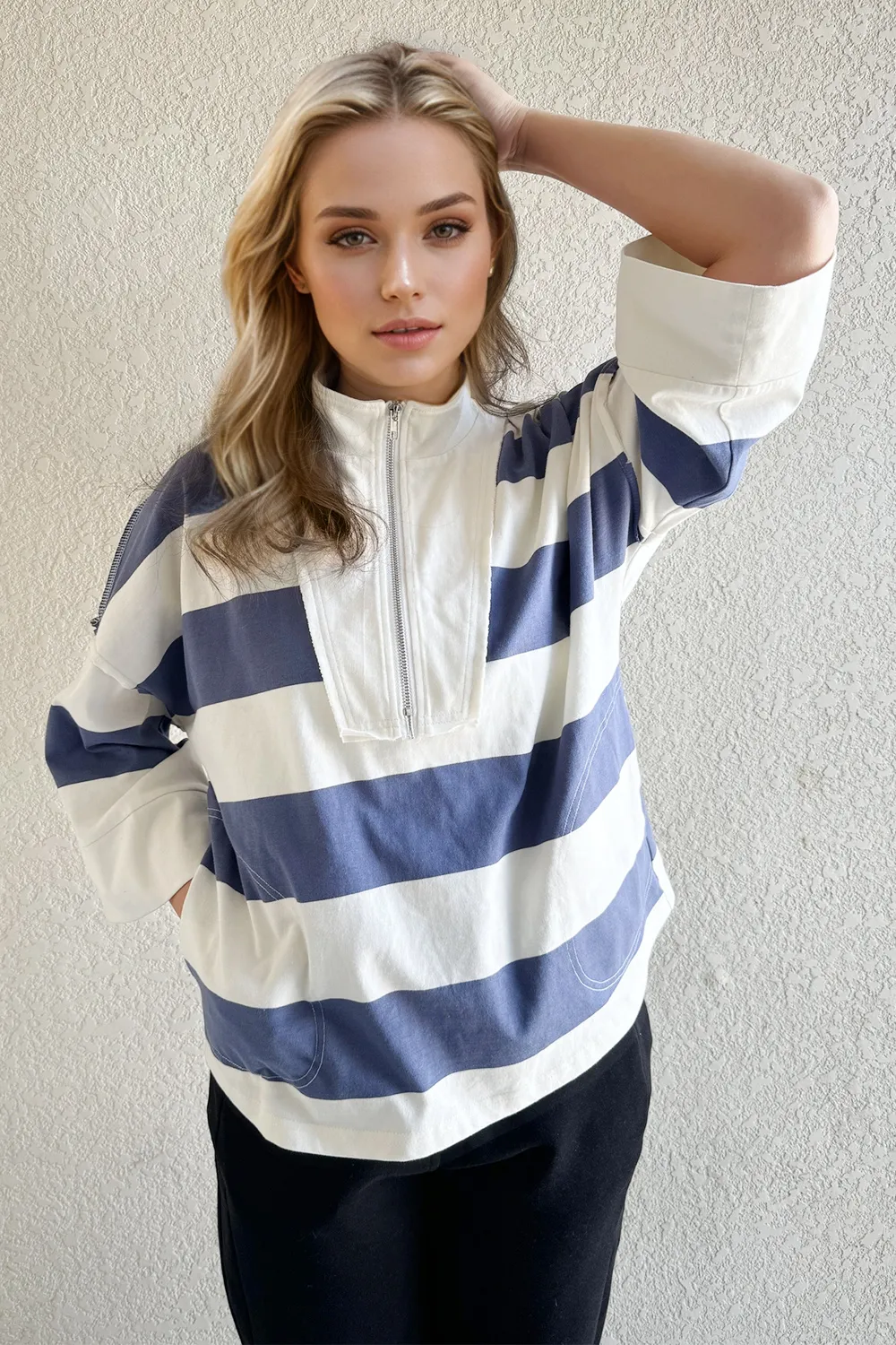 Pima Cotton Wash Striped Half Zip Mock Neck Long Sleeve Top, image 3