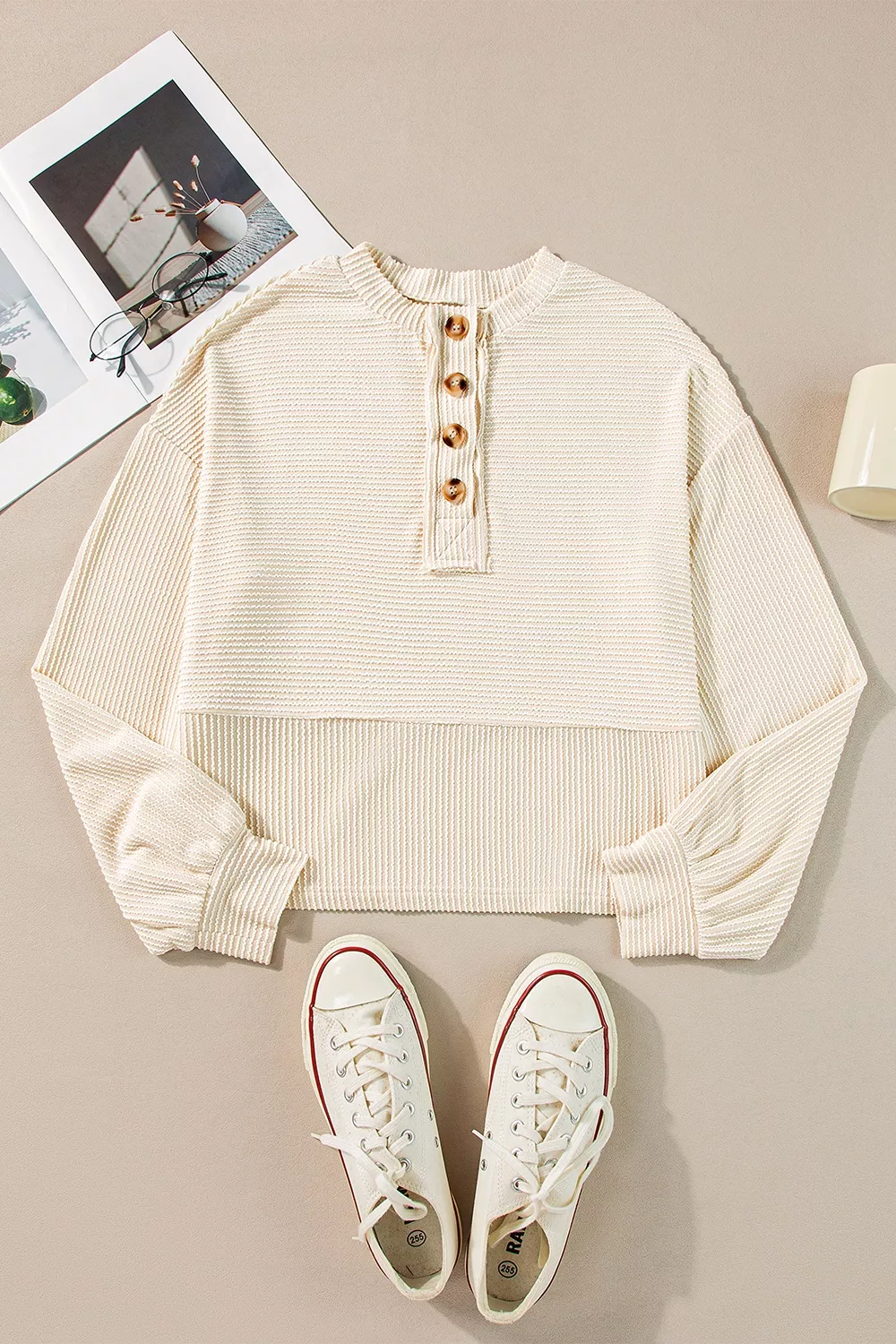 Corded Texture Lantern Sleeve Buttons Henley Sweatsuit, image 8