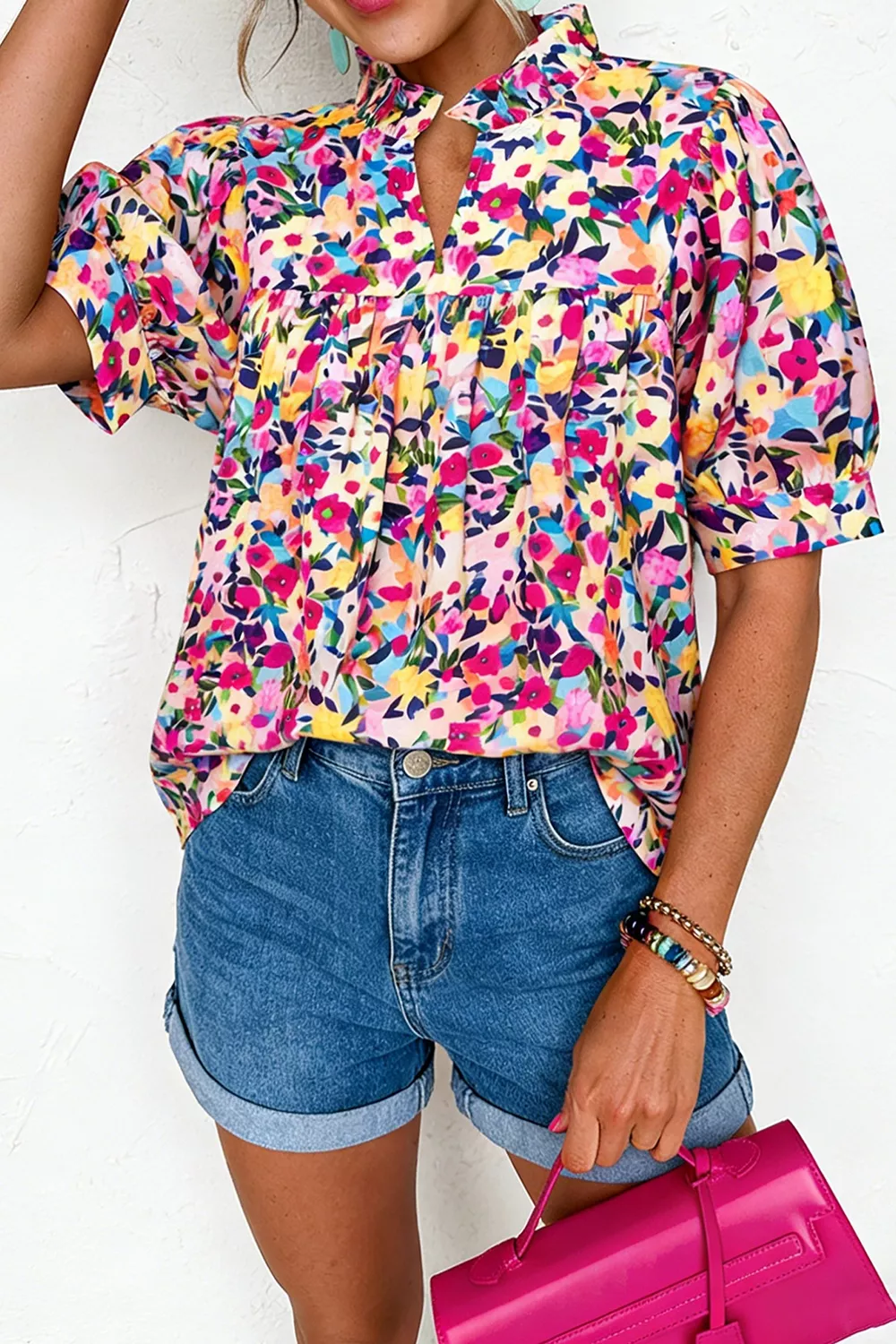 Flower Print Frilled Collar Short Puff Sleeve Summer Blouse, image 2